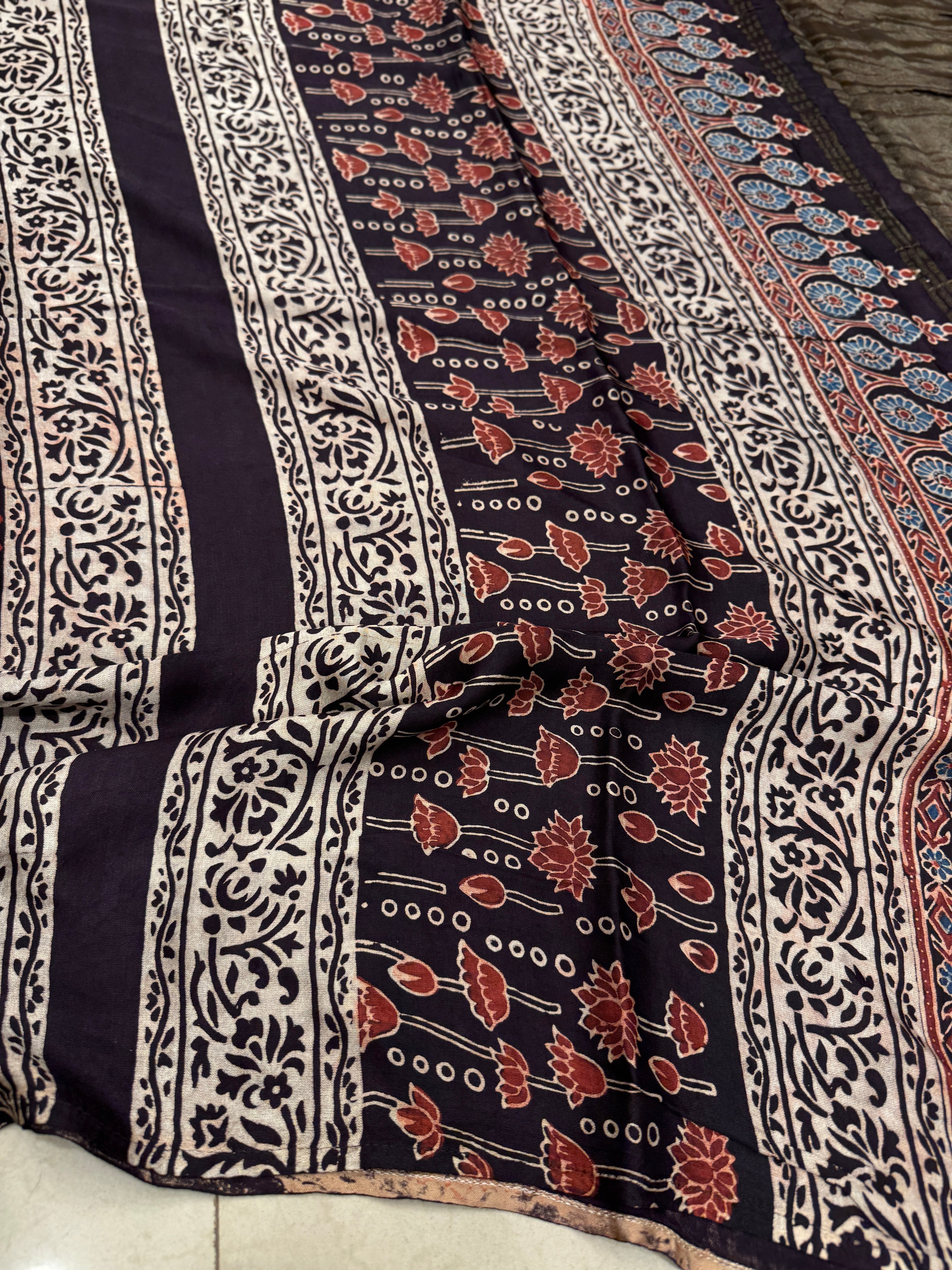 Multi Traditional Half Jaal Ajrakh Modal Gajji Silk Saree
