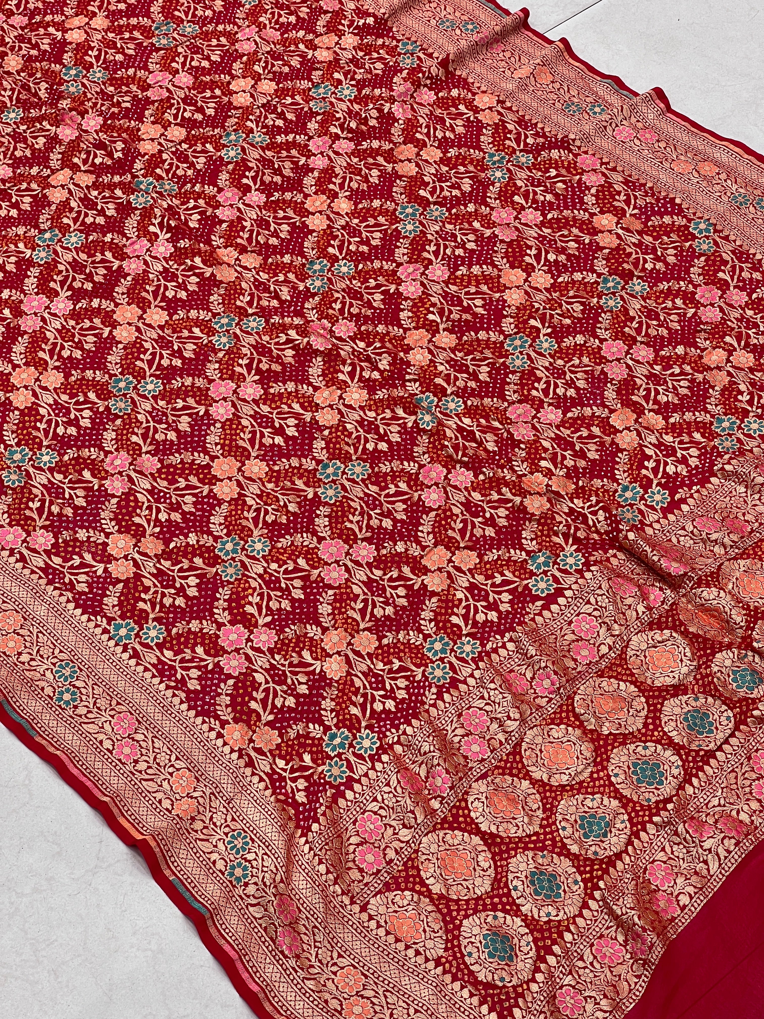 Red Meenakari Jaal Rai Bandhej Pure Zari Dupatta