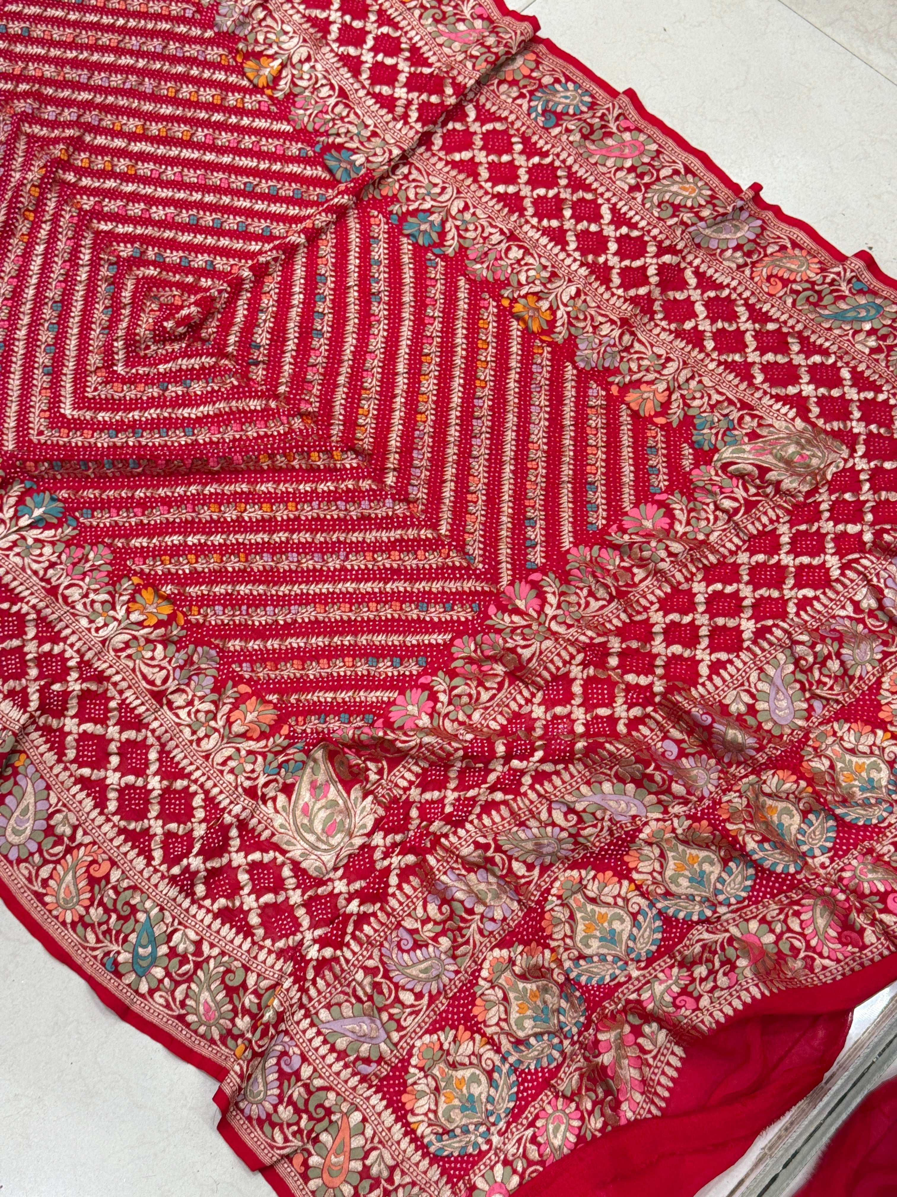 Red Jaal Double Border Handloom Meenakari Rai Bandhej Pure Zari Dupatta