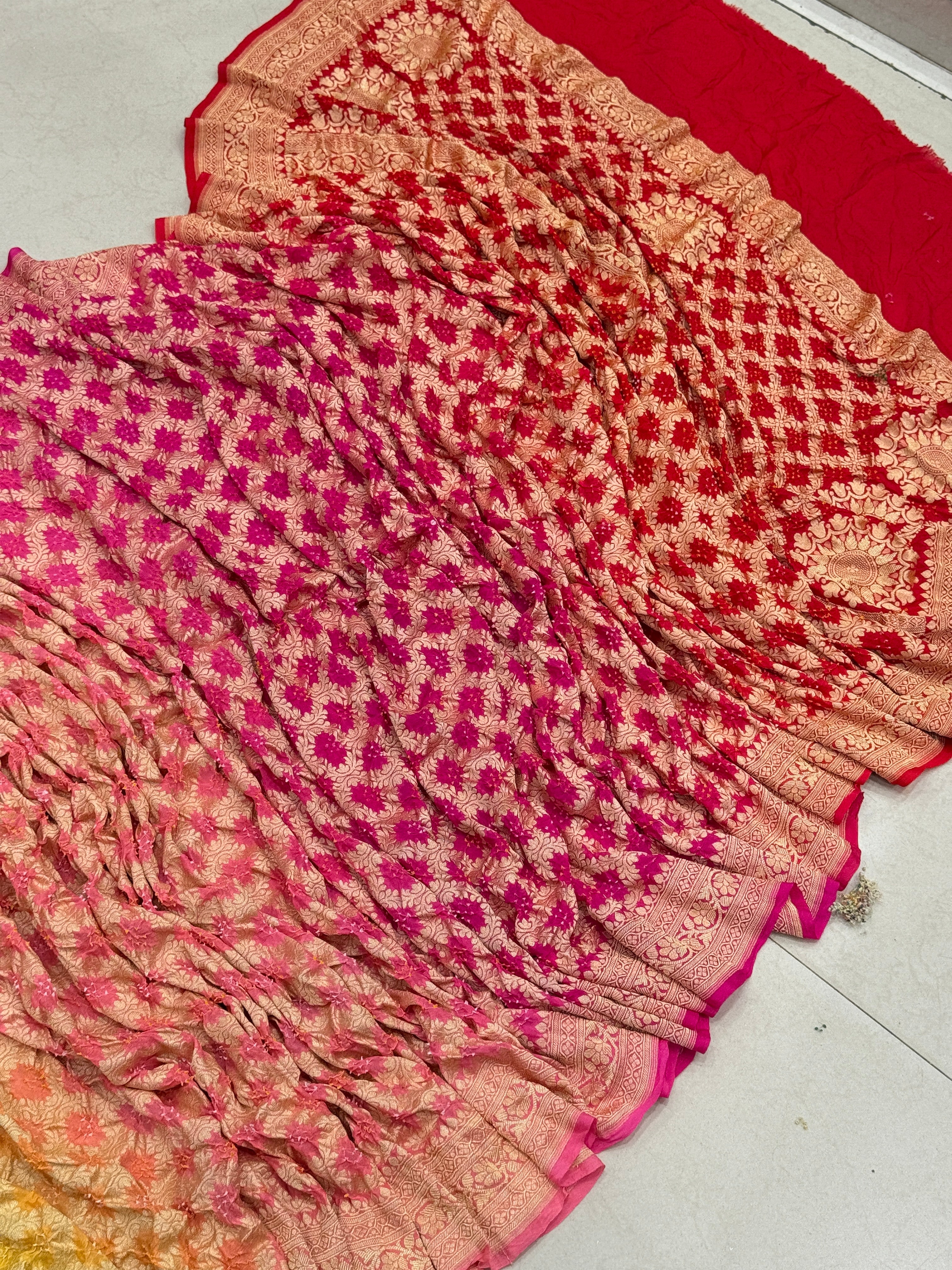 Six Shaded Butta Pallu Bandhej Bandhini Saree