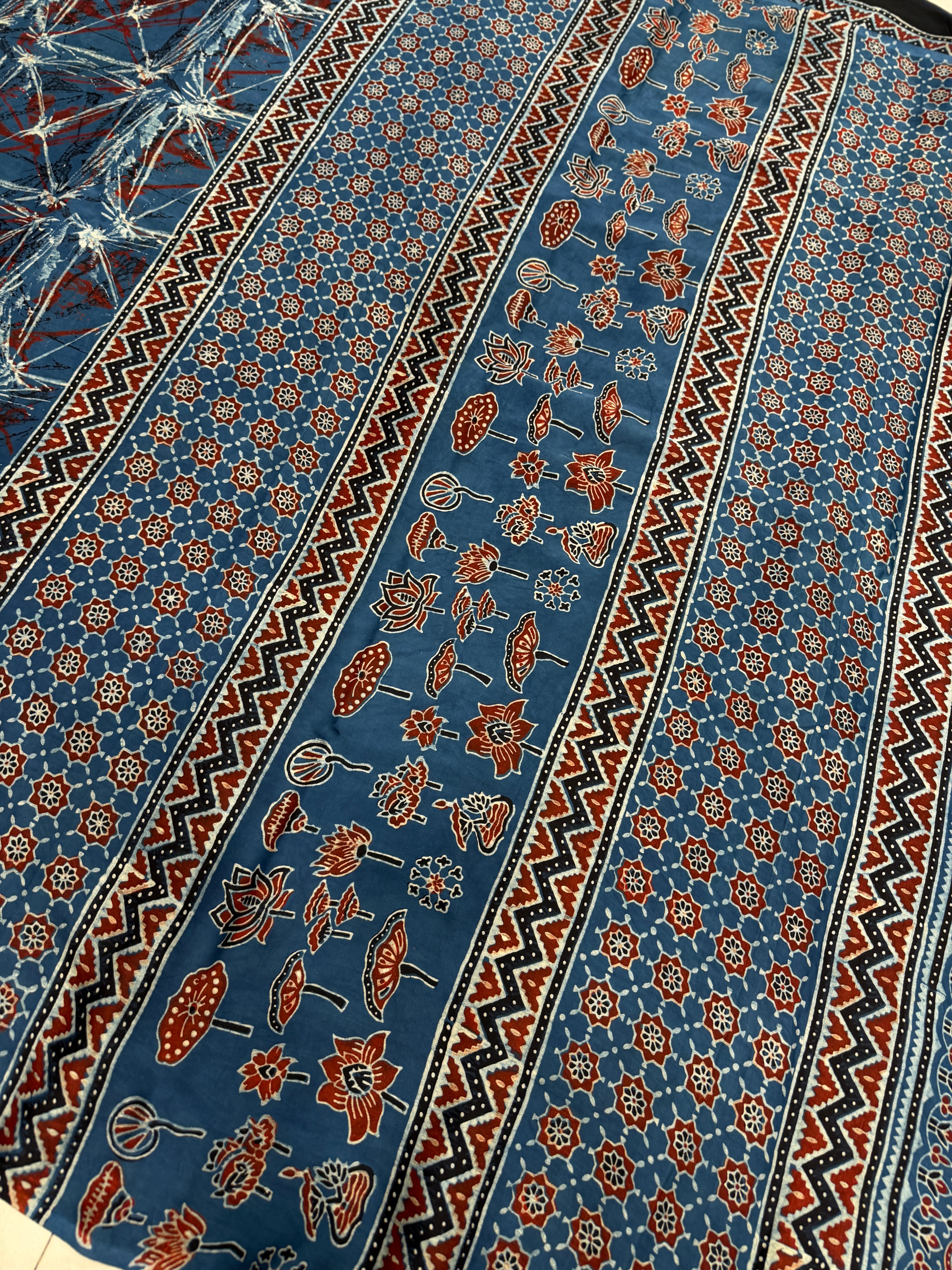 Blue Contemporary Ajrakh Hand Block Print Pure Gajji Silk Saree