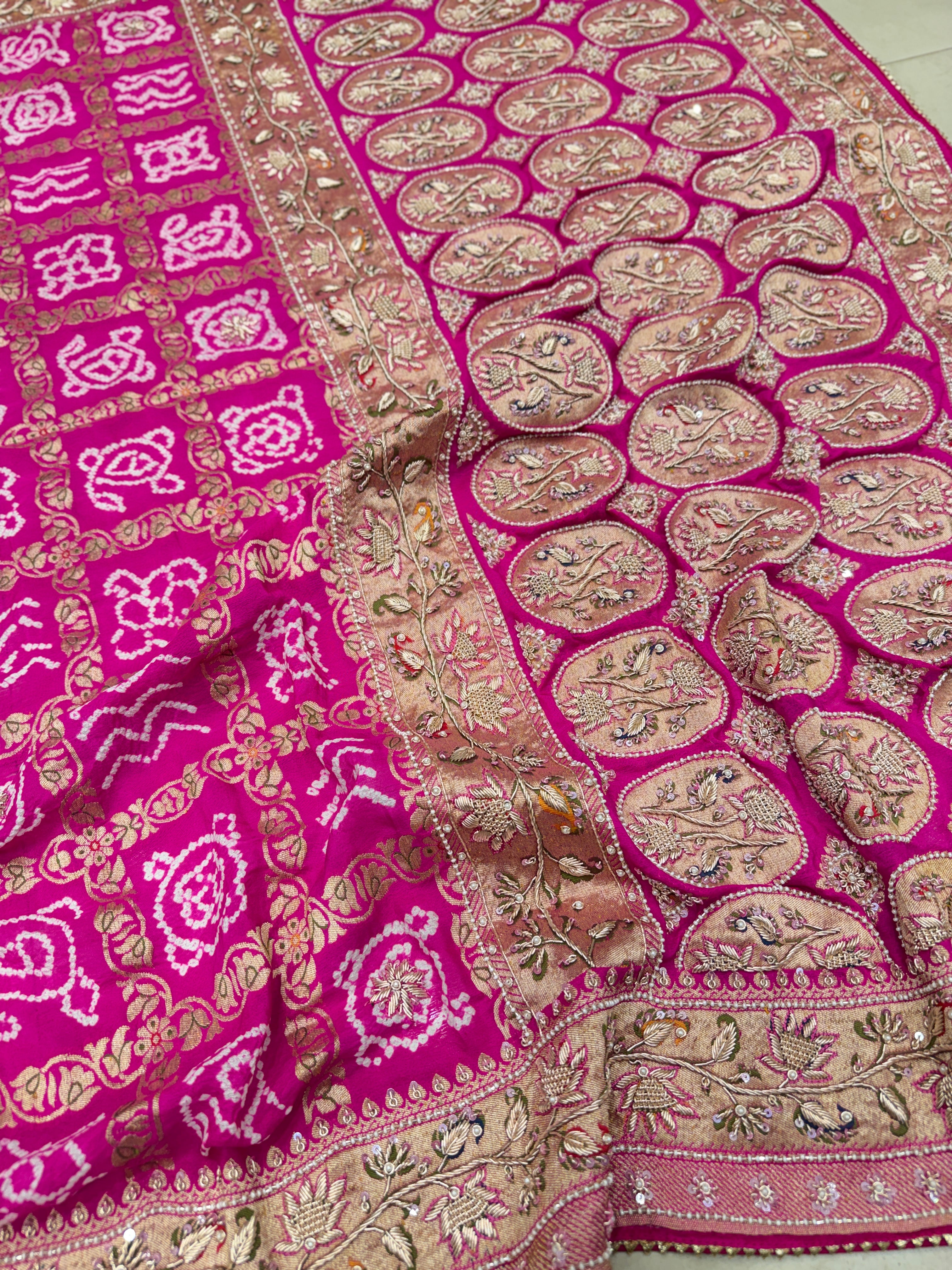 Rani Pink Gharchola Rai Bandhej Zardosi Hand Embroidery Saree