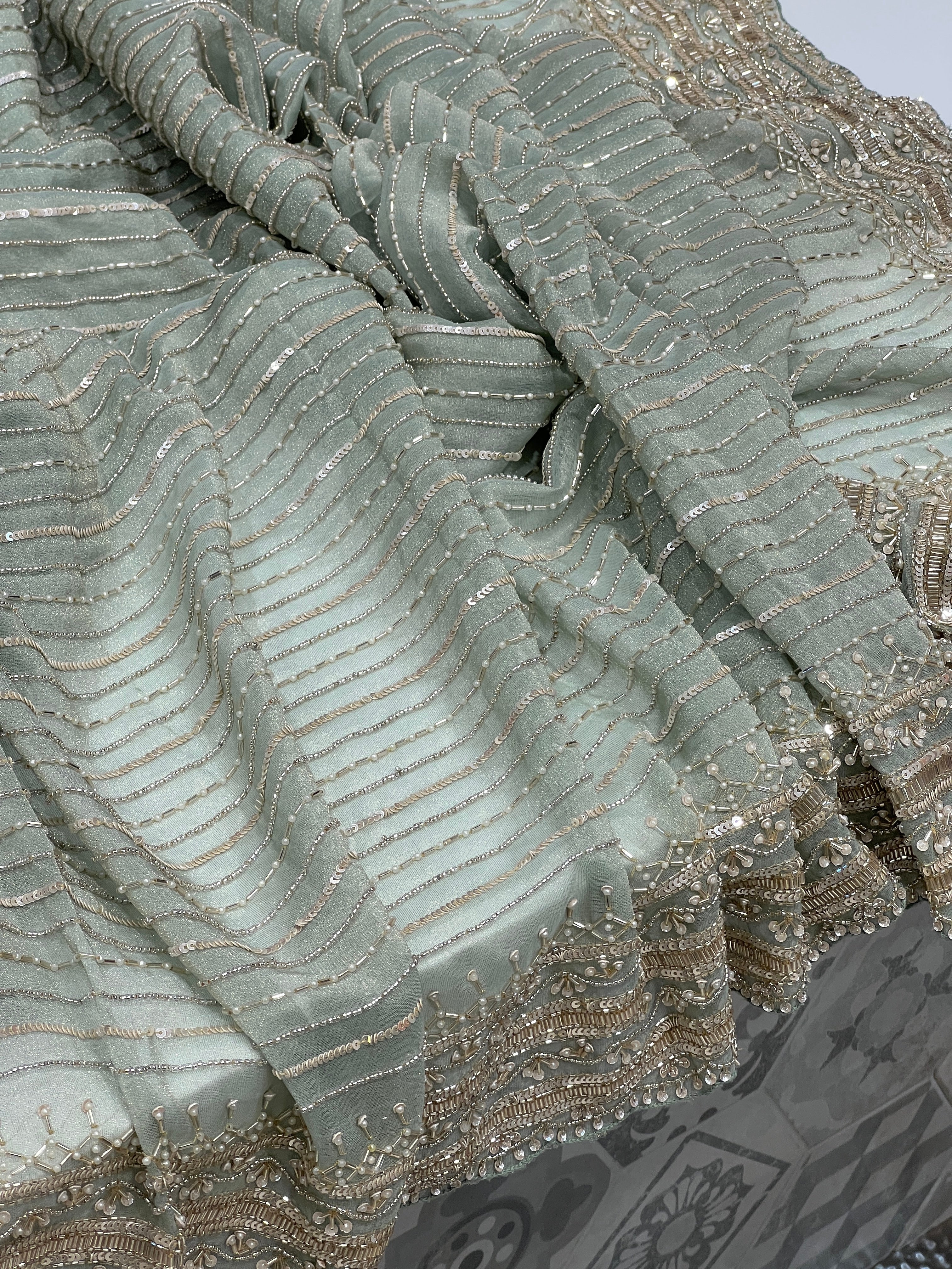 Green Crepe Tissue Moti Hand Embroidery Saree