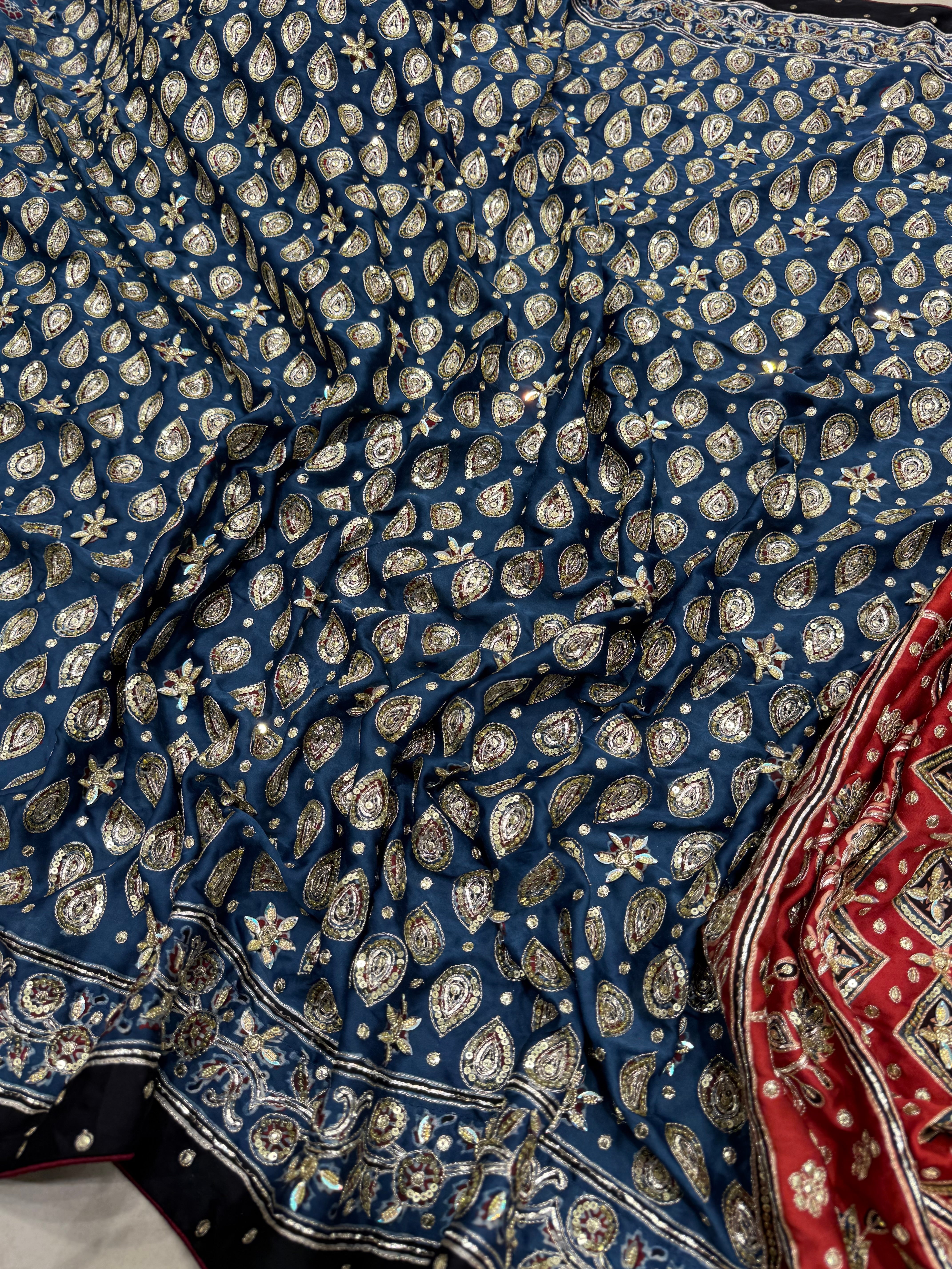 Blue Red Floral Buttis Ajrakh Hand Embroidery Saree