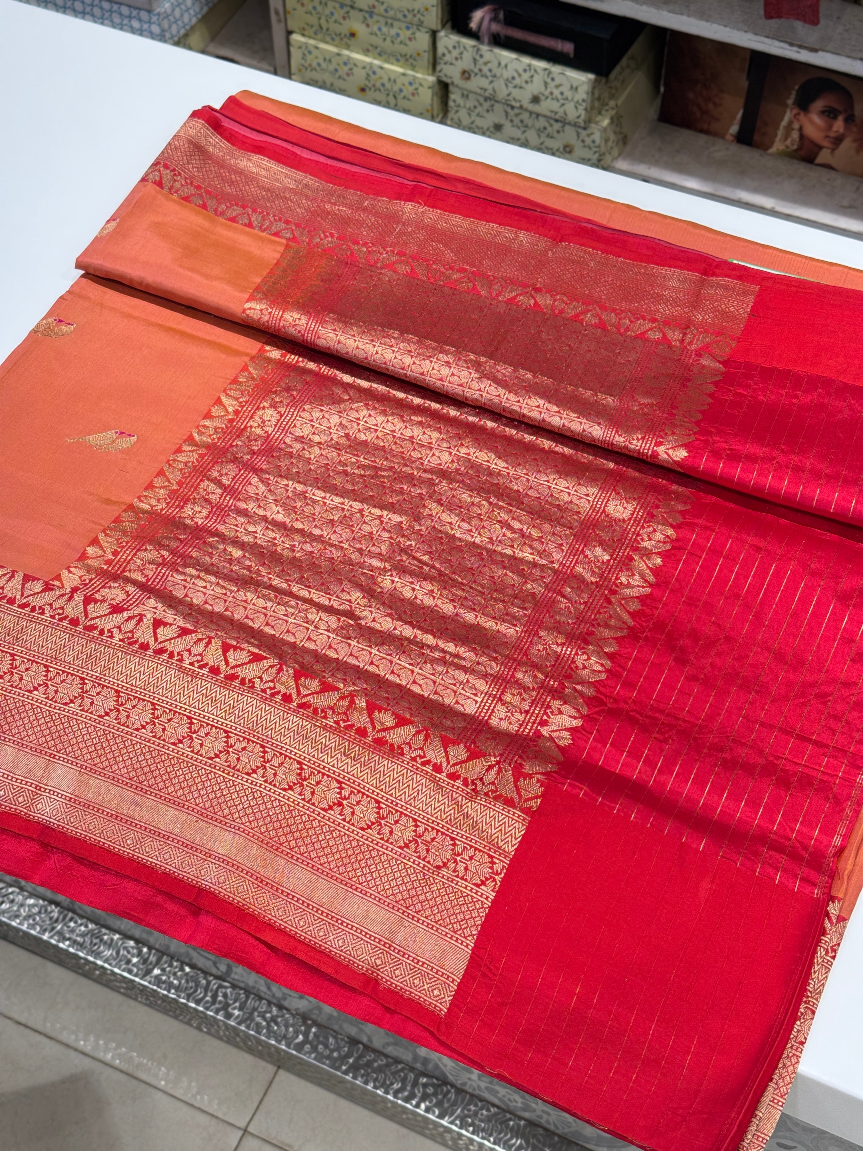 Peach Handloom Banarasi Shikara Saree