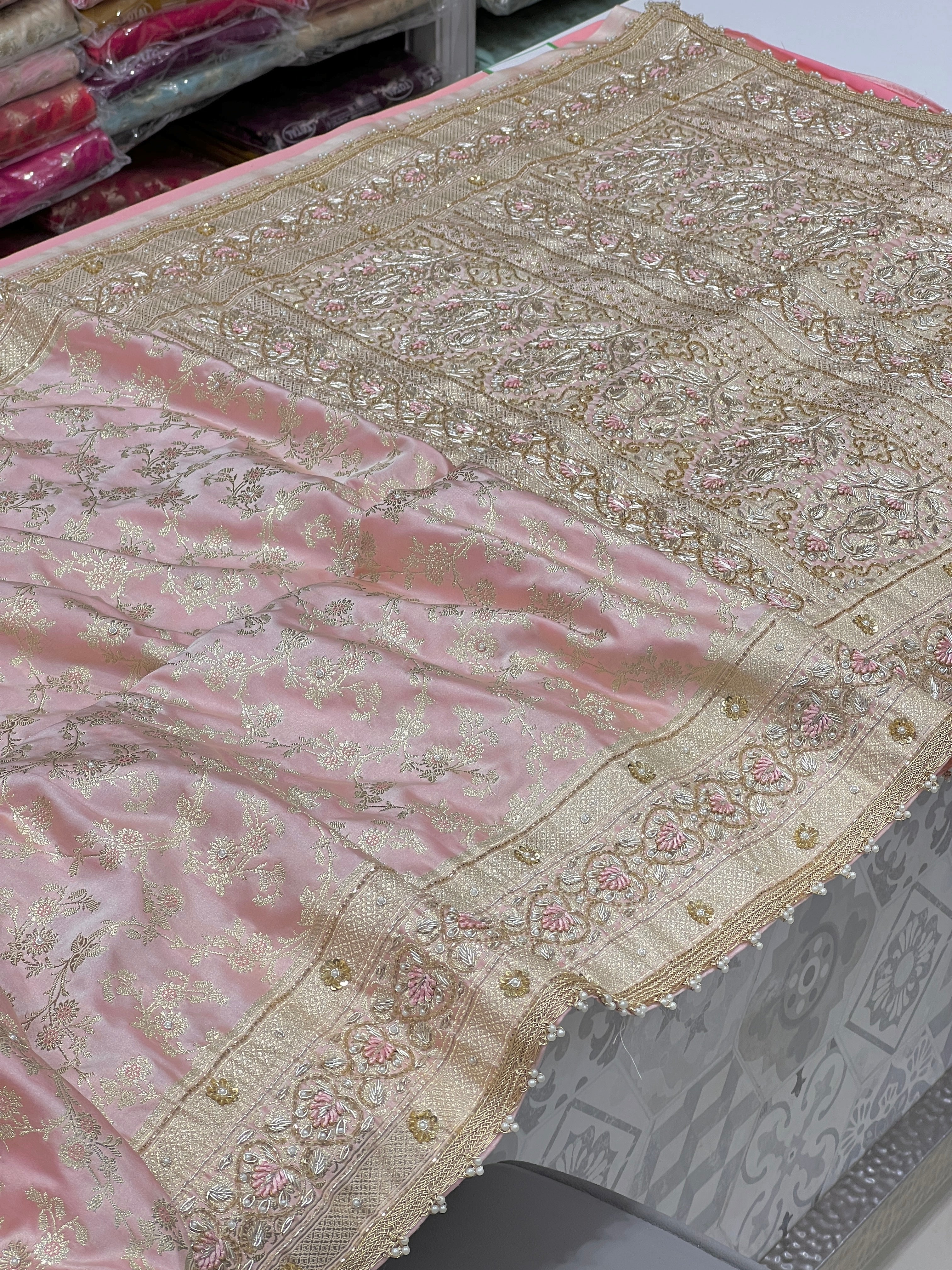 Pink Banarasi Zardosi Resham Hand Embroidery Saree