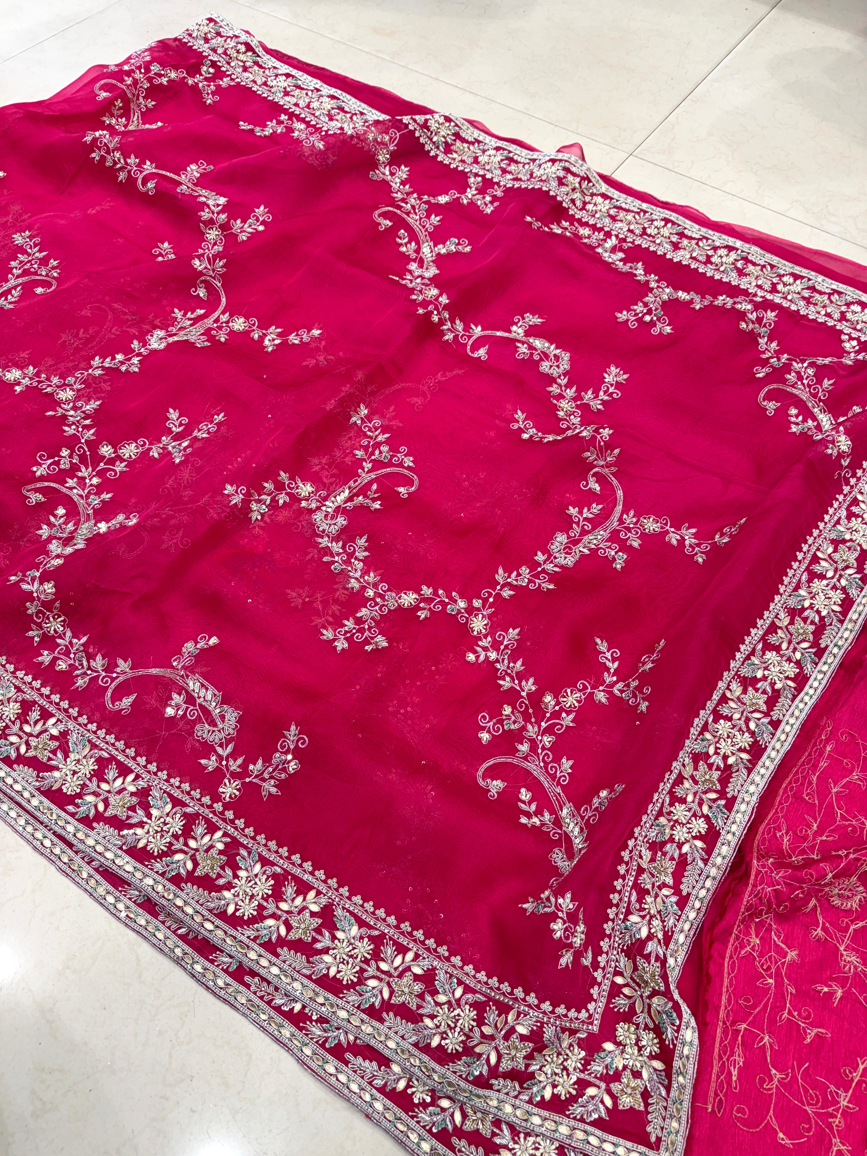 Rani Pink Organza Zardosi Gota Resham Hand Embroidery Saree