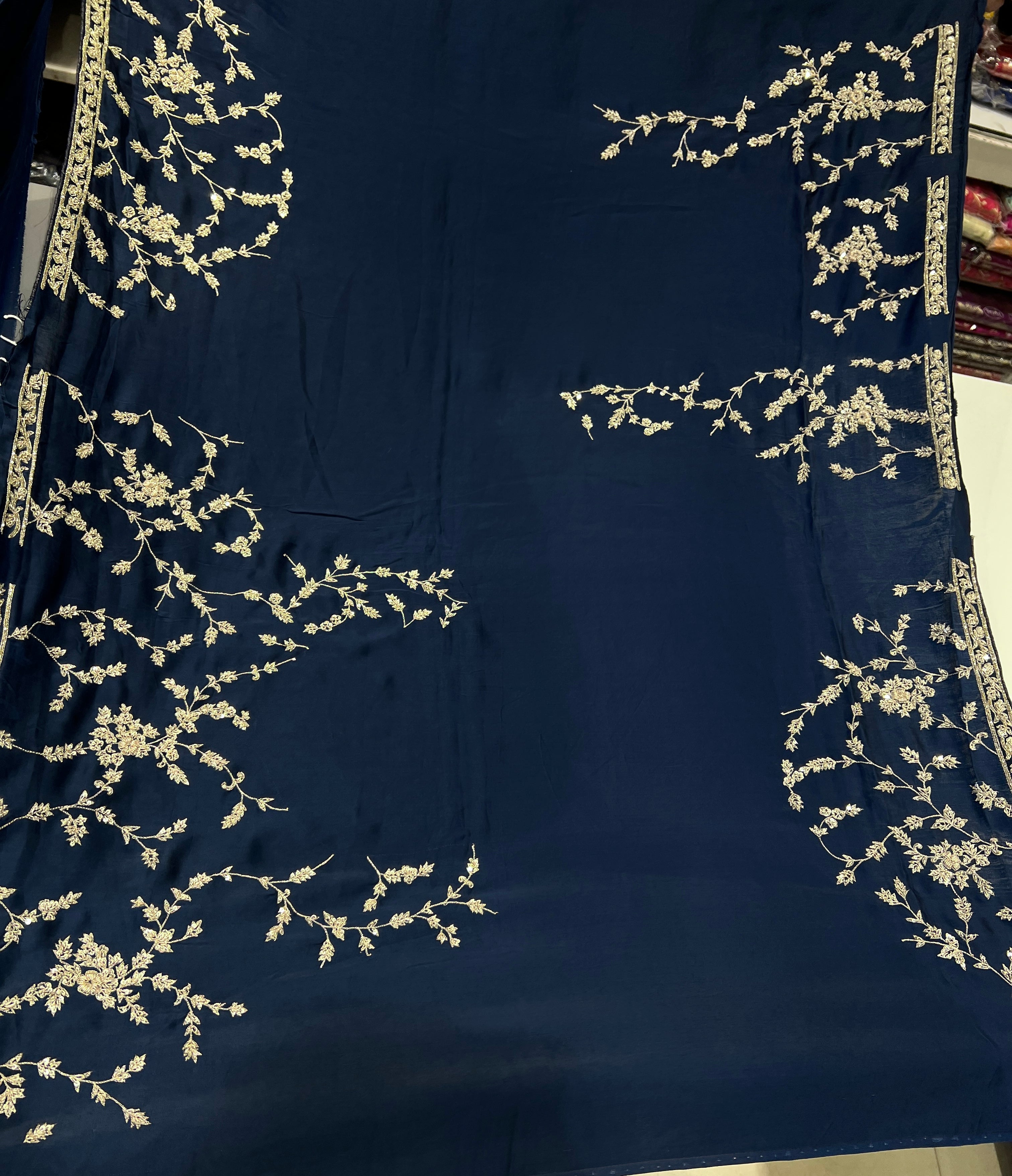 Navy Blue Satin Hand Embroidery Zardosi Saree