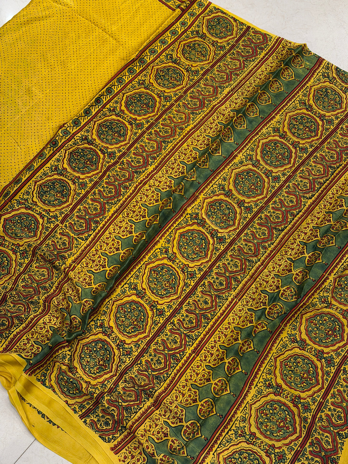 Yellow Dot Ajrakh Hand Block Print Pure Gajji Silk Saree