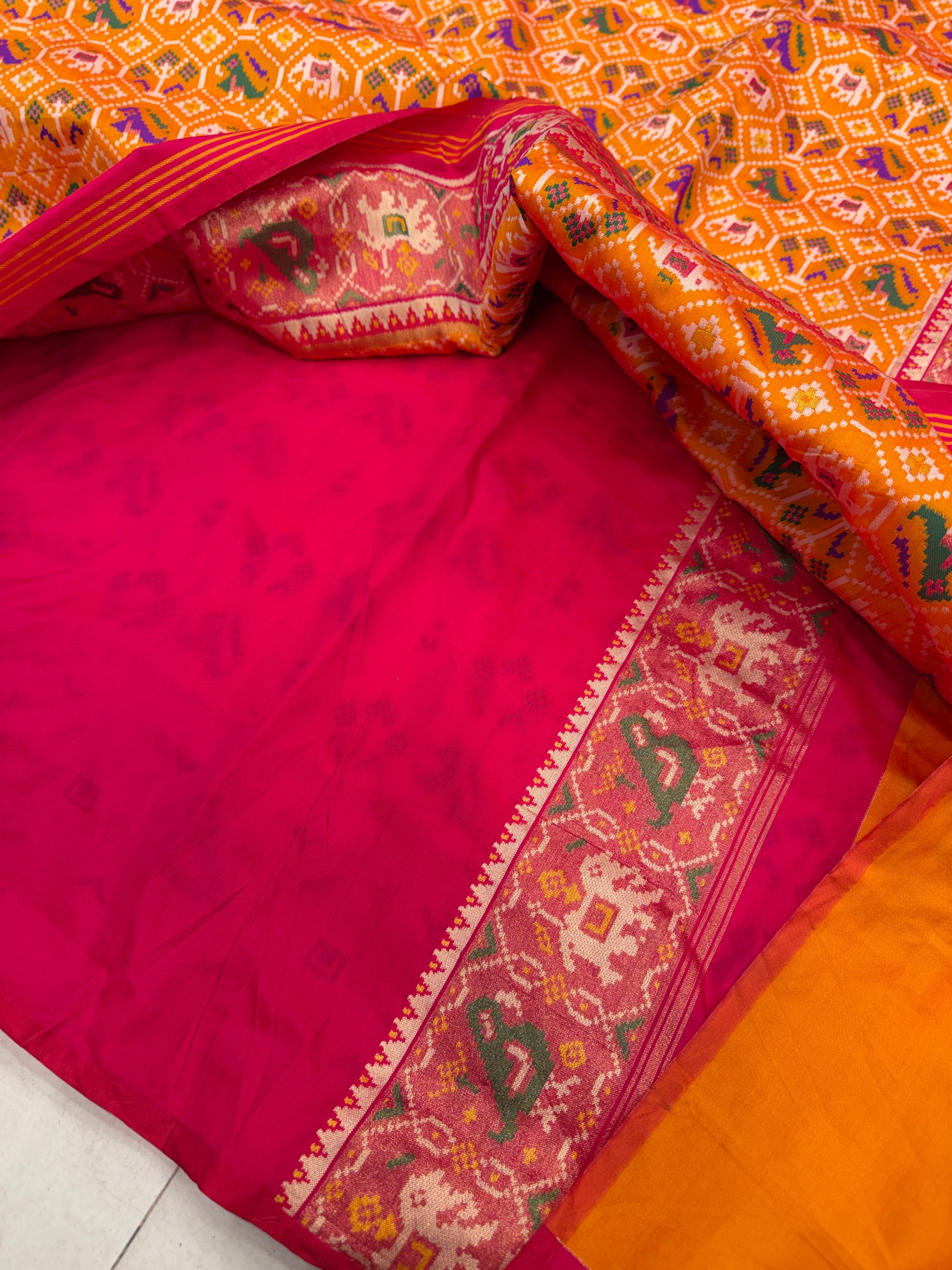 Orange Red Elephant Jaal Semi Silk Weaved Patan Patola Saree