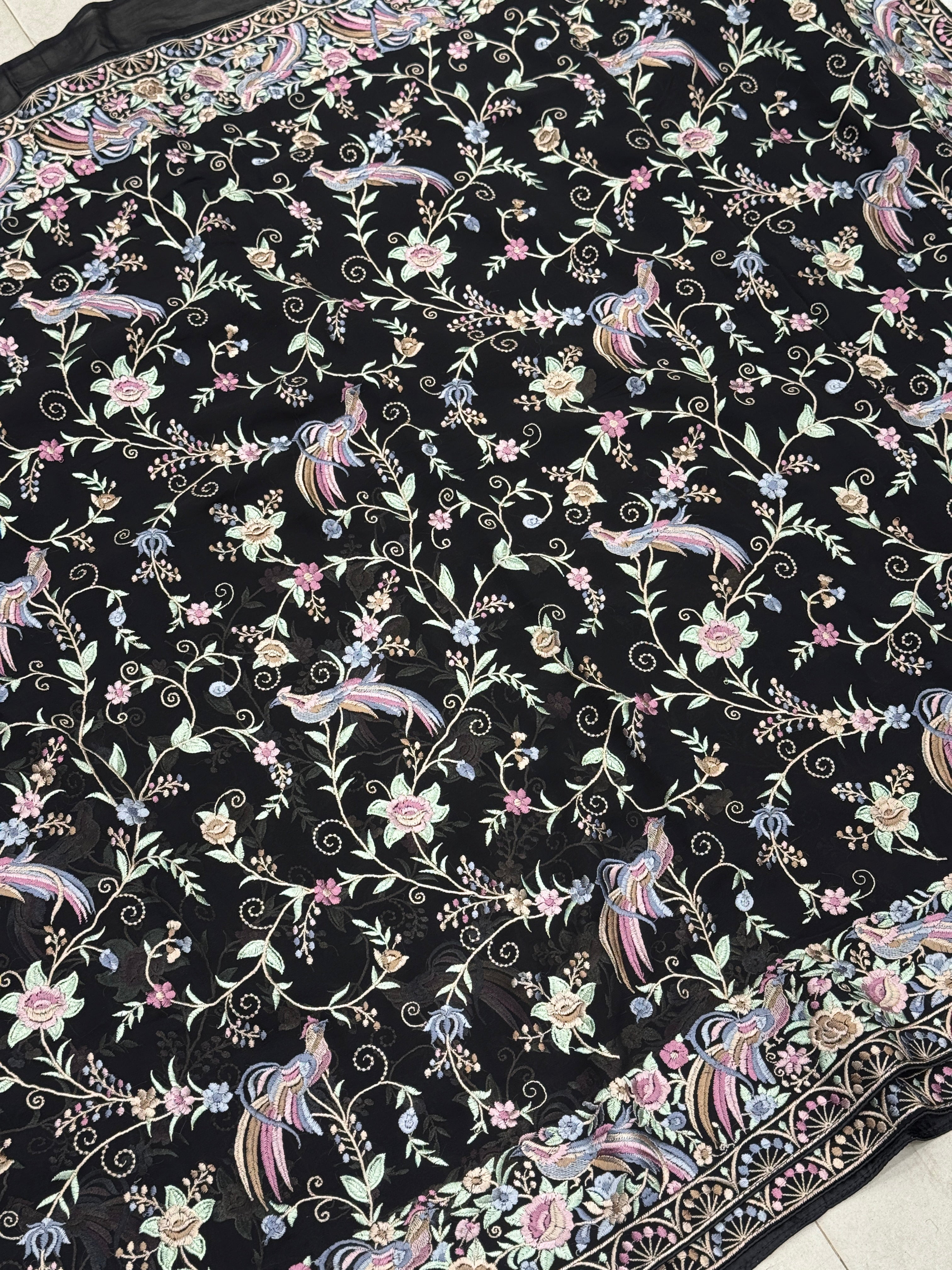 Black Multi Georgette Floral Parsi Gara Saree