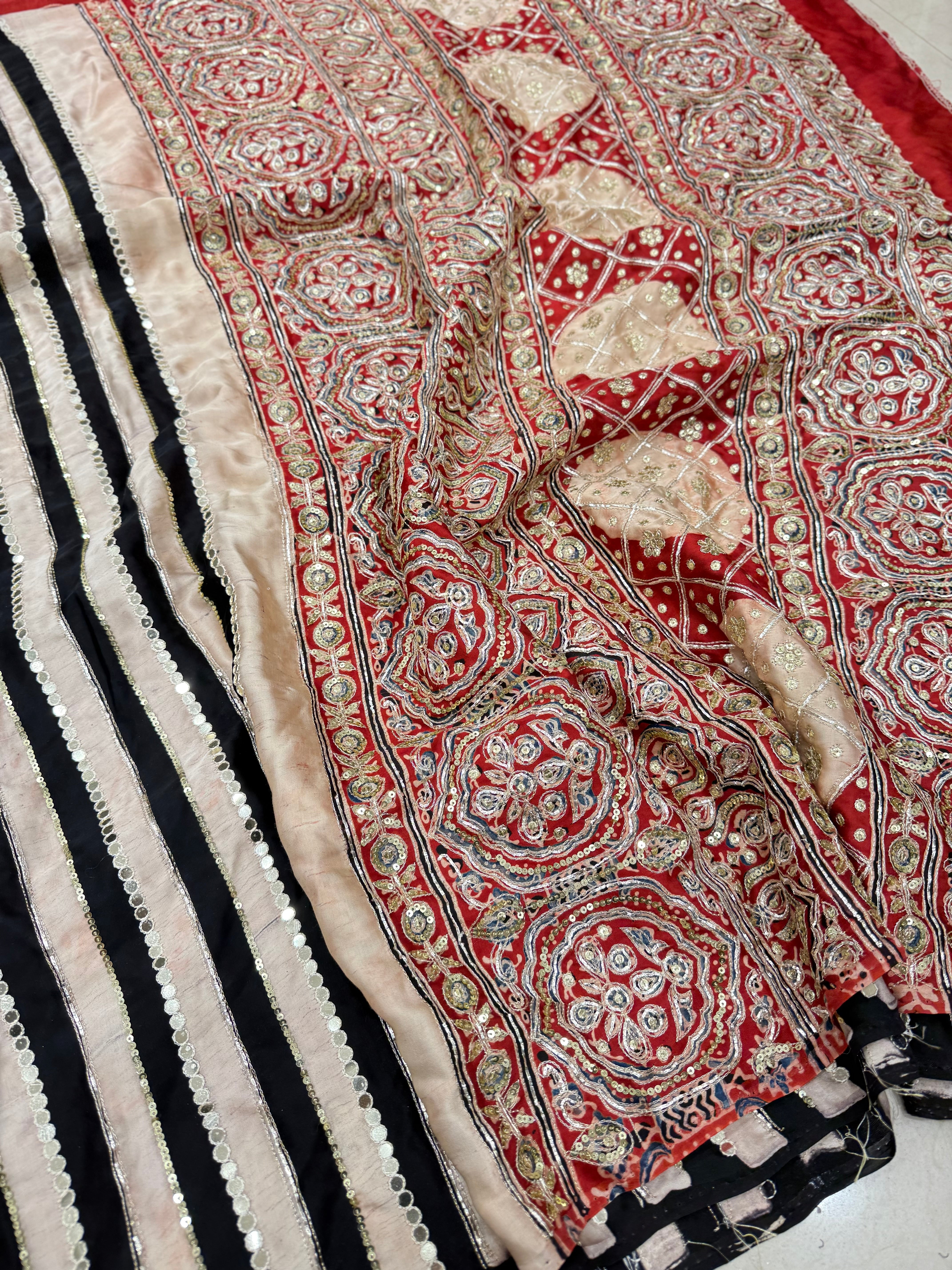 Black White Contemporary Mirror Ajrakh Hand Embroidery Saree