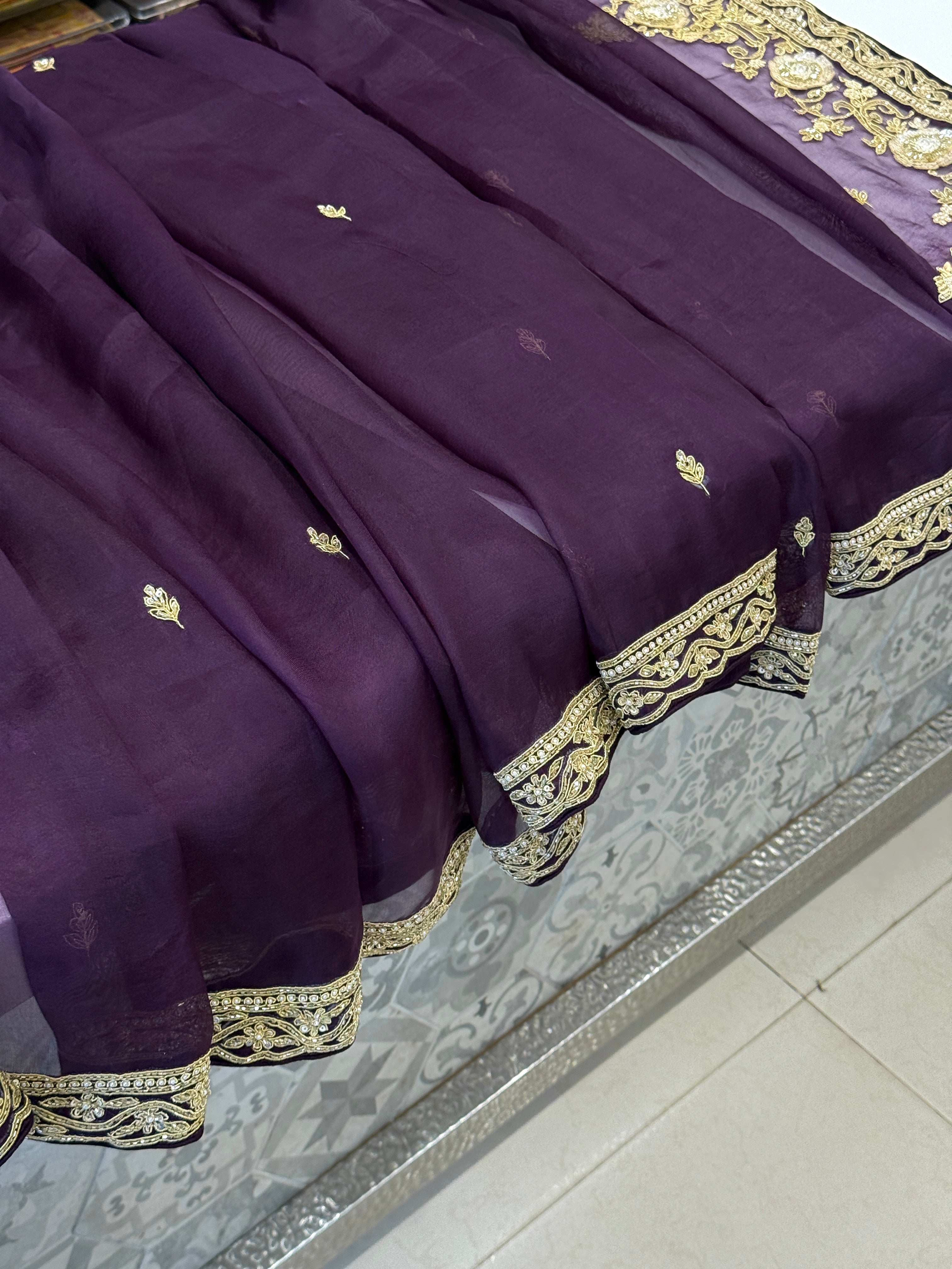 Dark Wine Organza Zardozi Hand Embroidery Saree