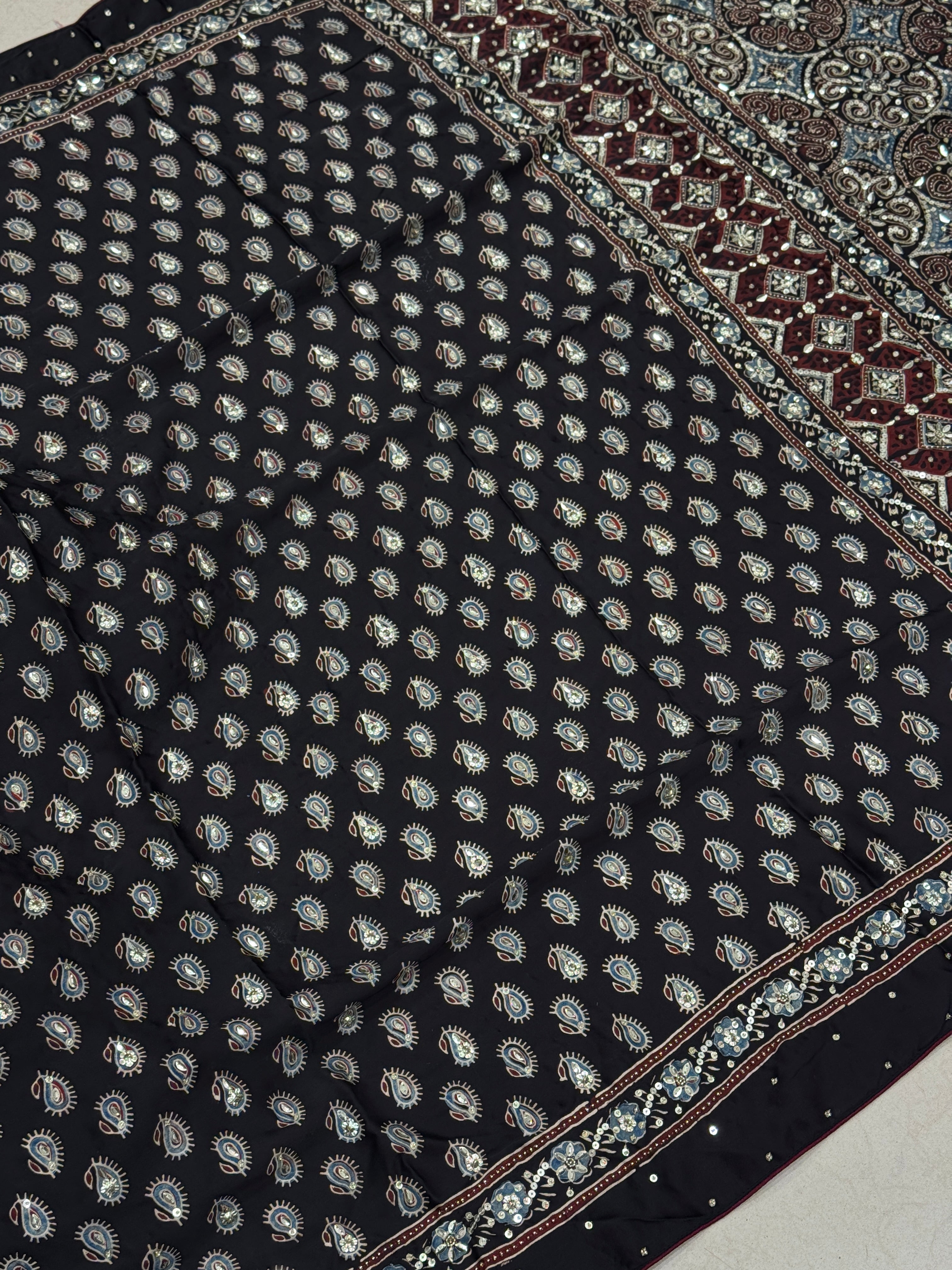 Black Buttis Ajrakh Hand Embroidery Sequin Saree