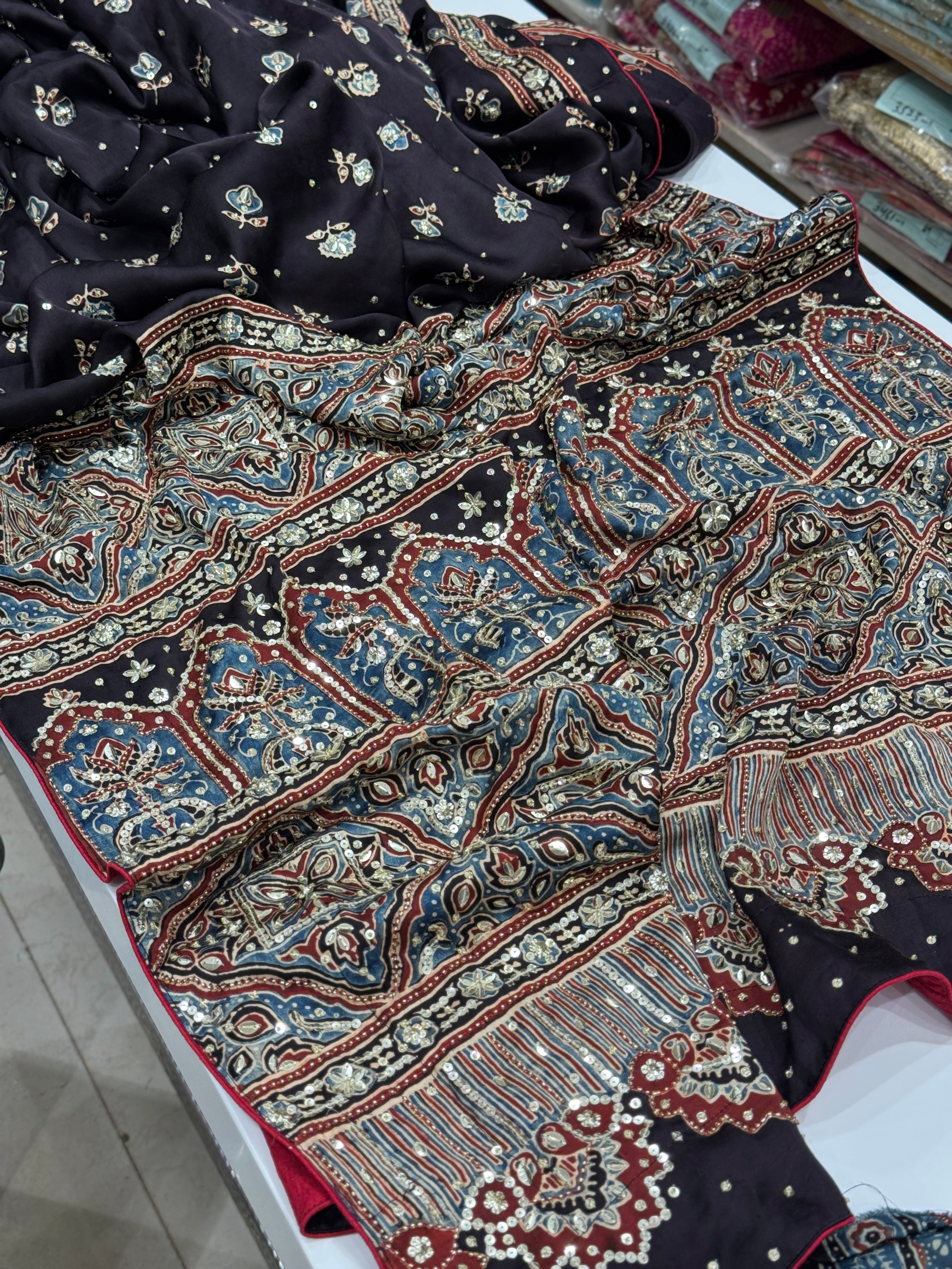 Black Buttis Ajrakh Hand Embroidery Saree