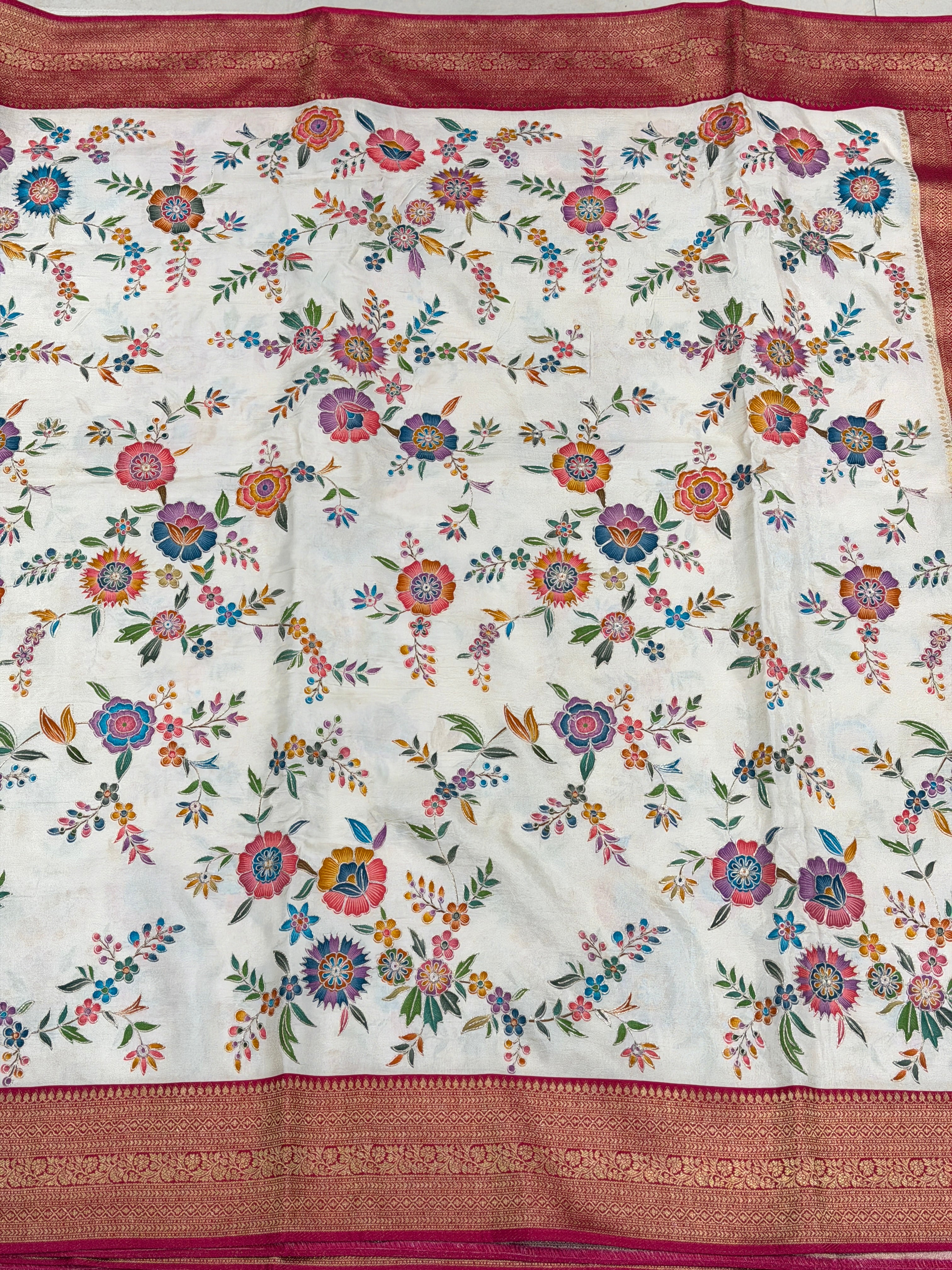 Moti White Banarasi Jaal Munga Silk Saree With Pita Embroidery