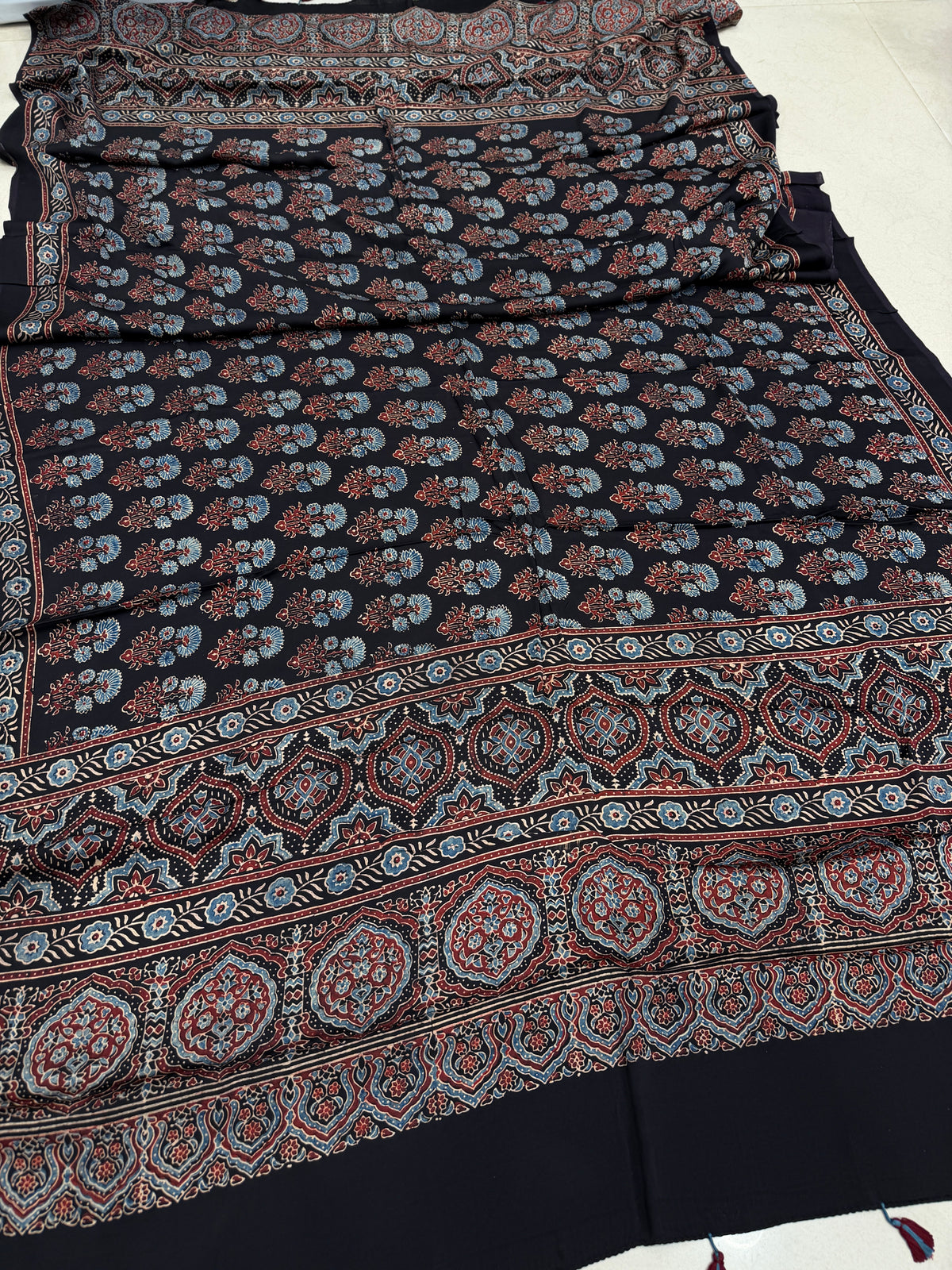 Black Buttas Ajrakh Hand Block Print Pure Gajji Silk Dupatta