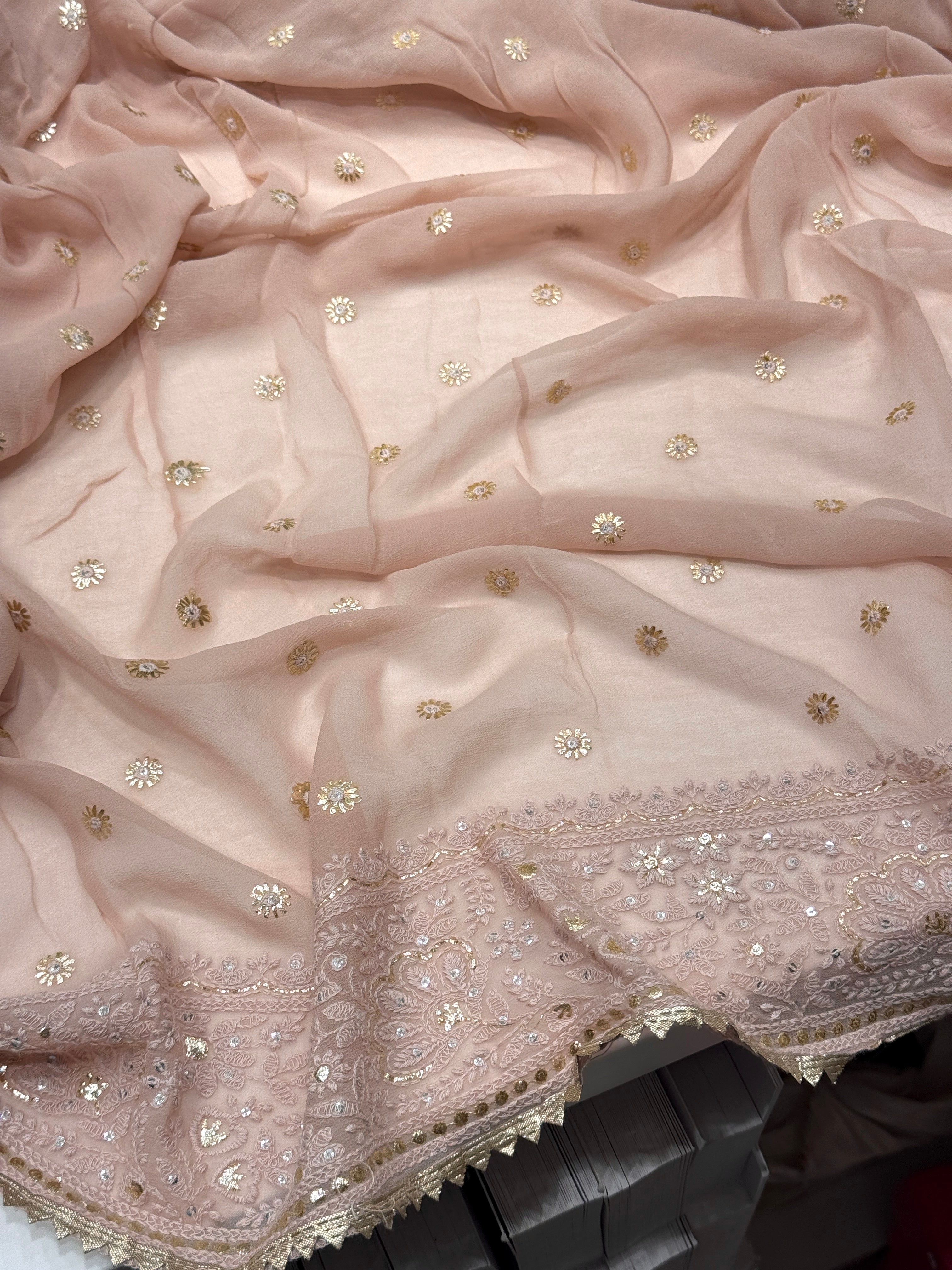 Nude Pink Georgette Chikankari Resham Saree
