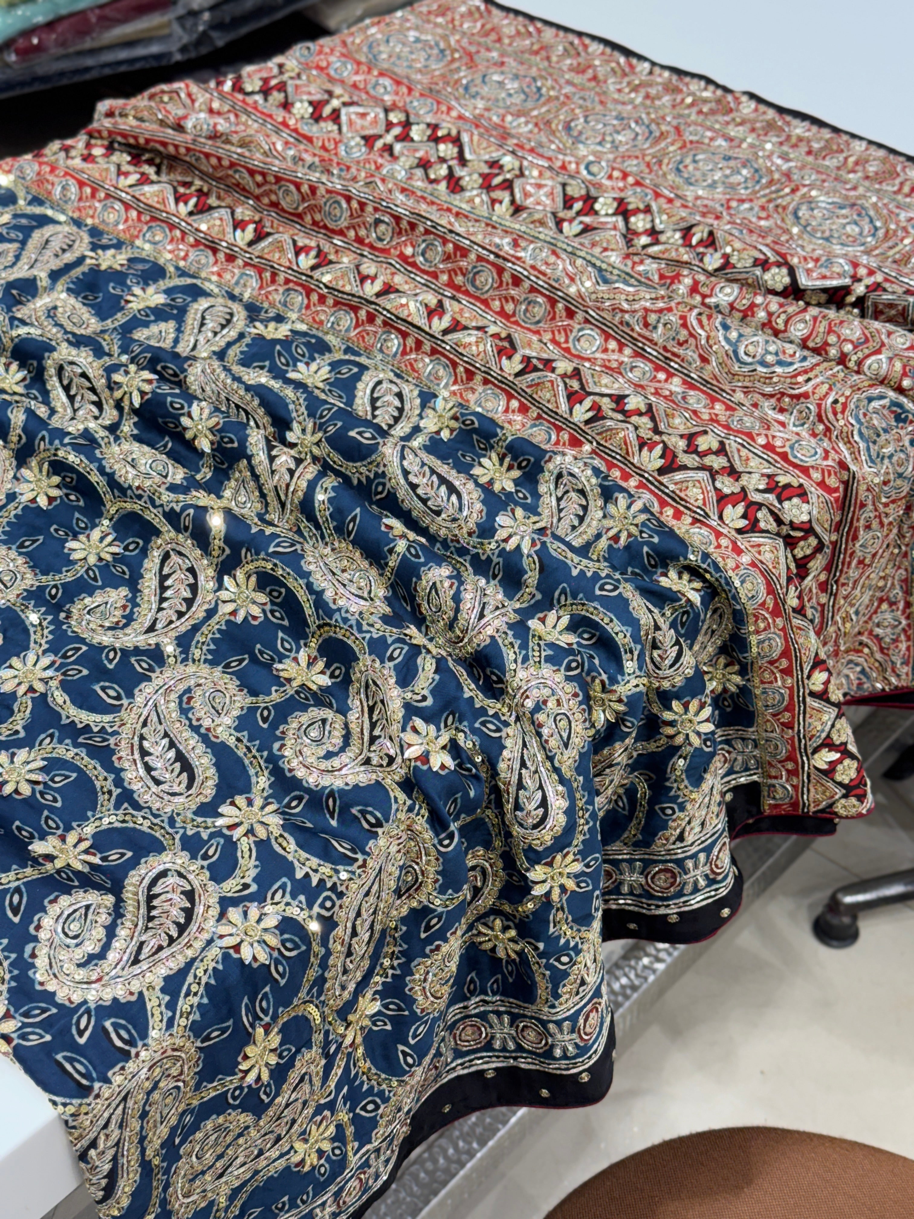 Ajrakh Blue Red Jaal Hand Embroidery Zardosi and Pita Work
