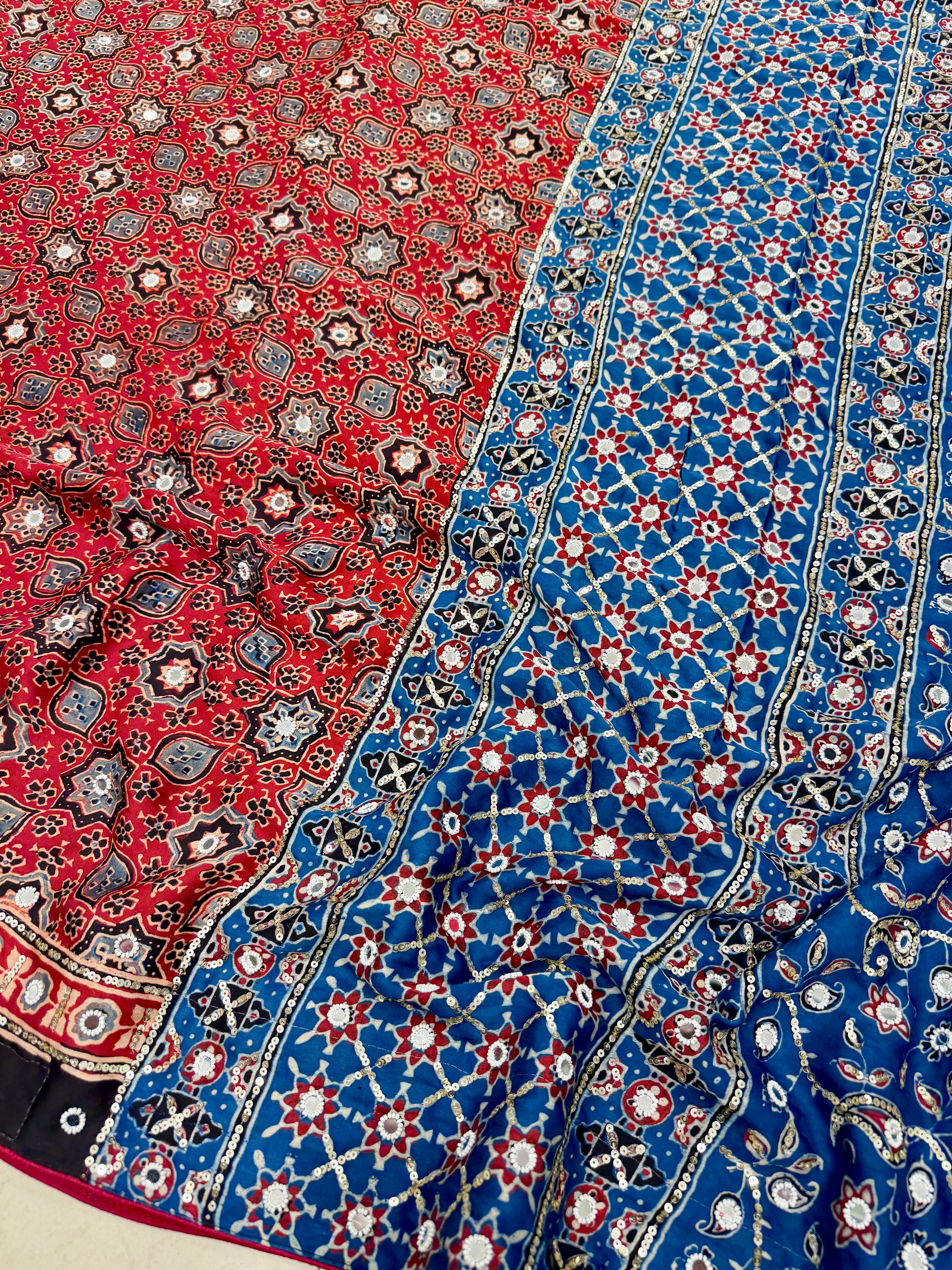 Red Blue Jaal Ajrakh Real Mirror Moti Sequin Hand Embroidery Saree