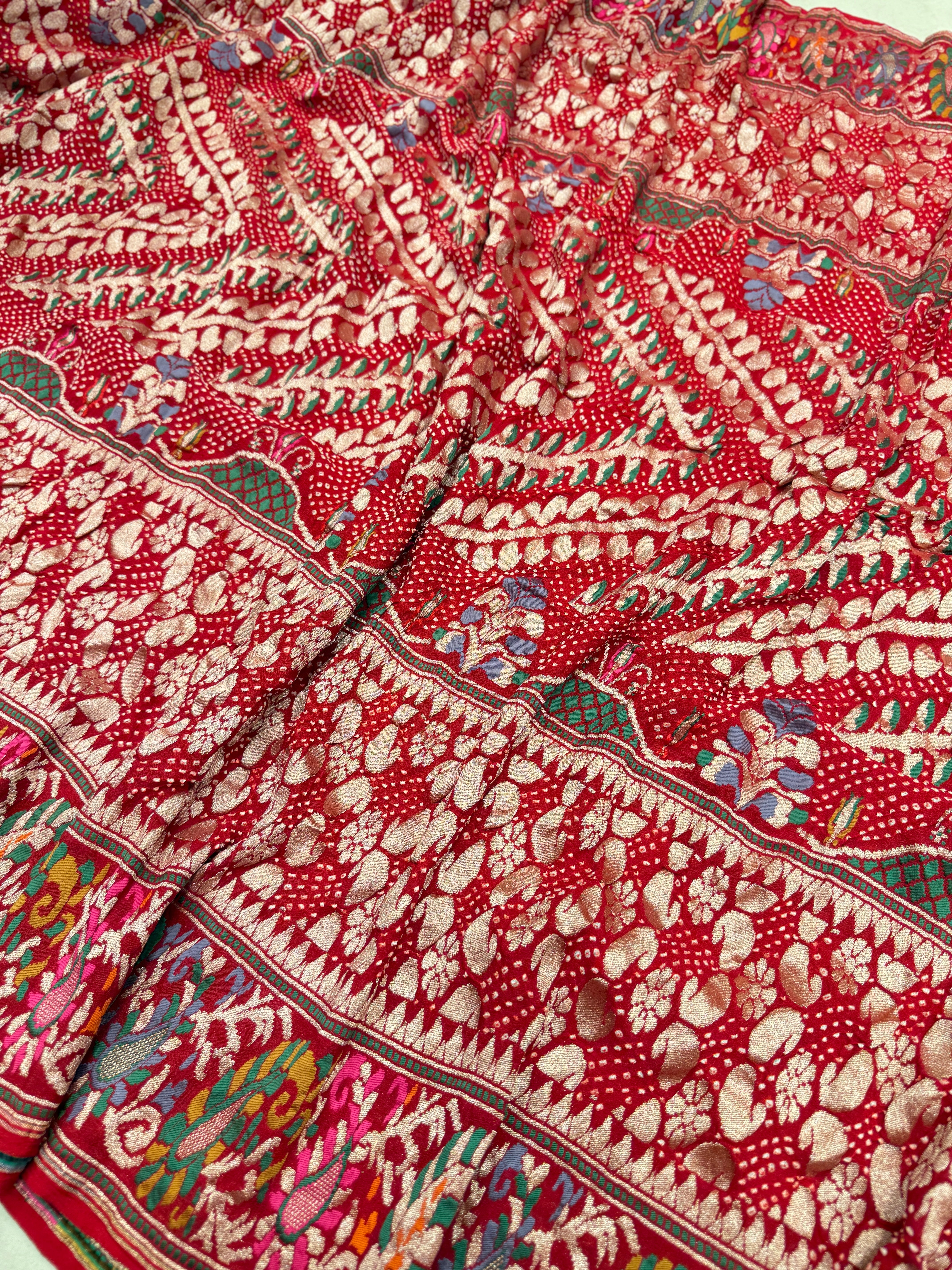 Red Meenakari Rai Bandhej Georgette Bandhini Saree