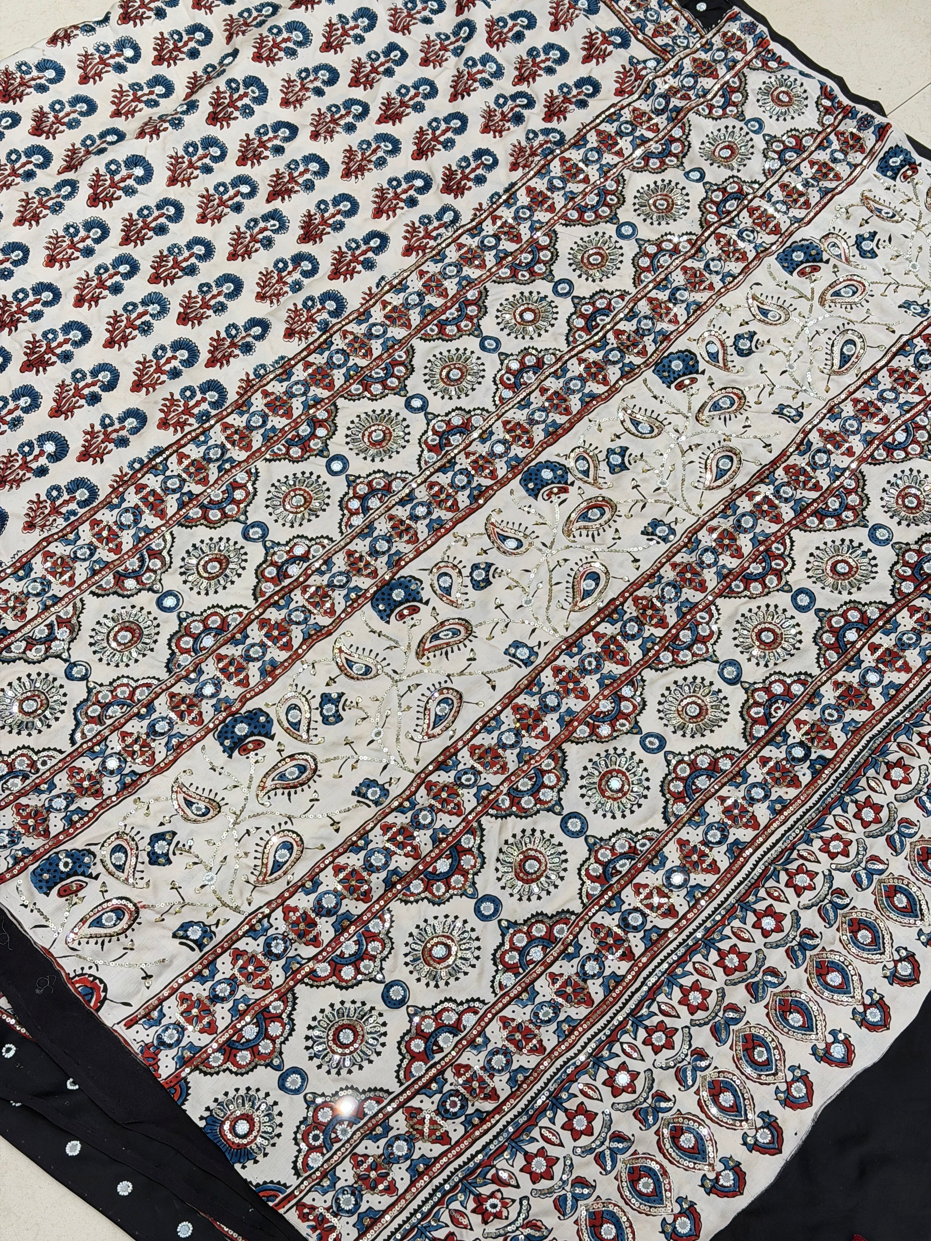 White Ajrakh Real Mirror Moti Sequin Hand Embroidery Saree