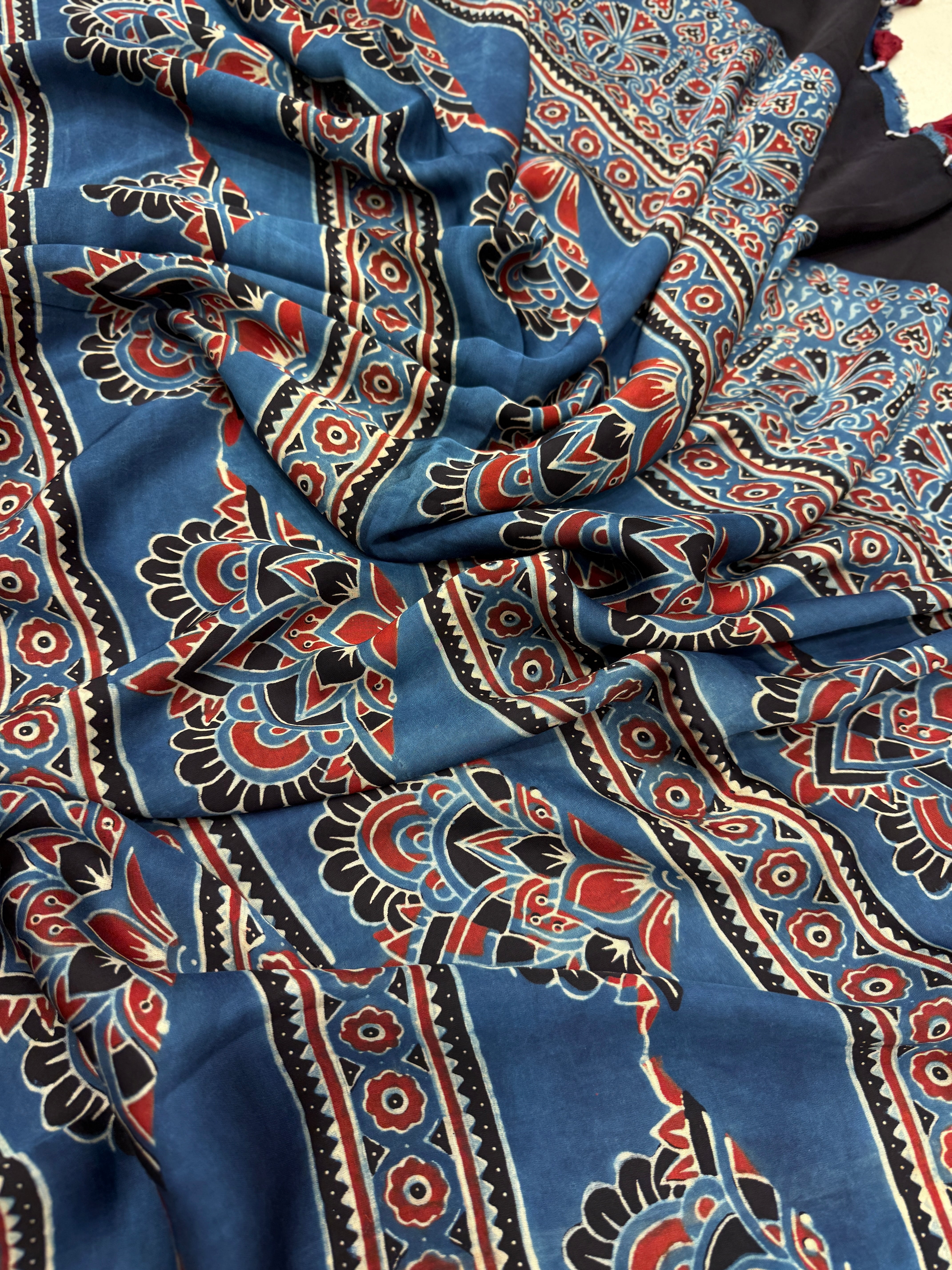 Blue Checkered Jewelled Jaal Ajrakh Saree