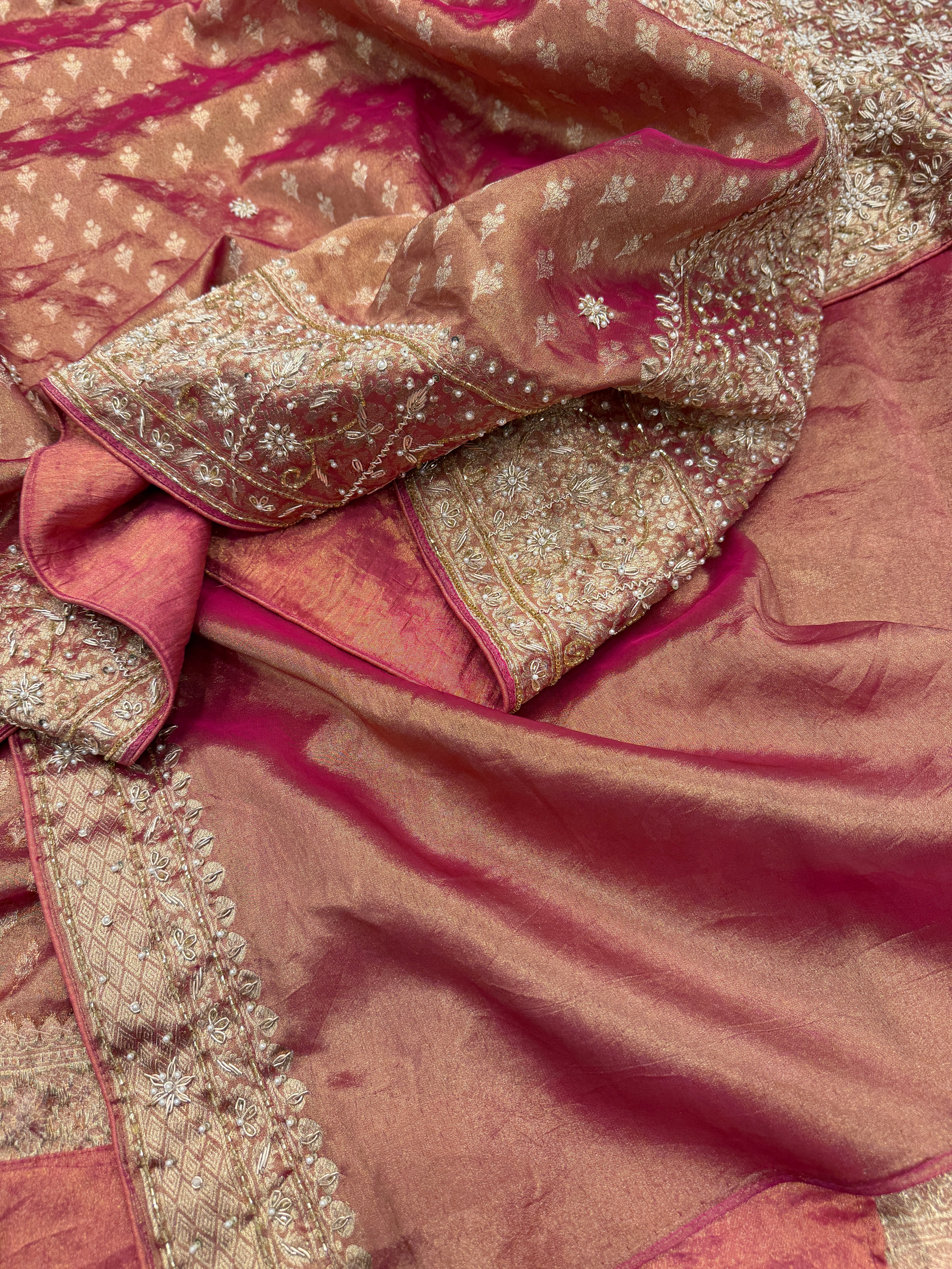 Red Tissue Banarasi Buttis Zardosi Embroidery Saree