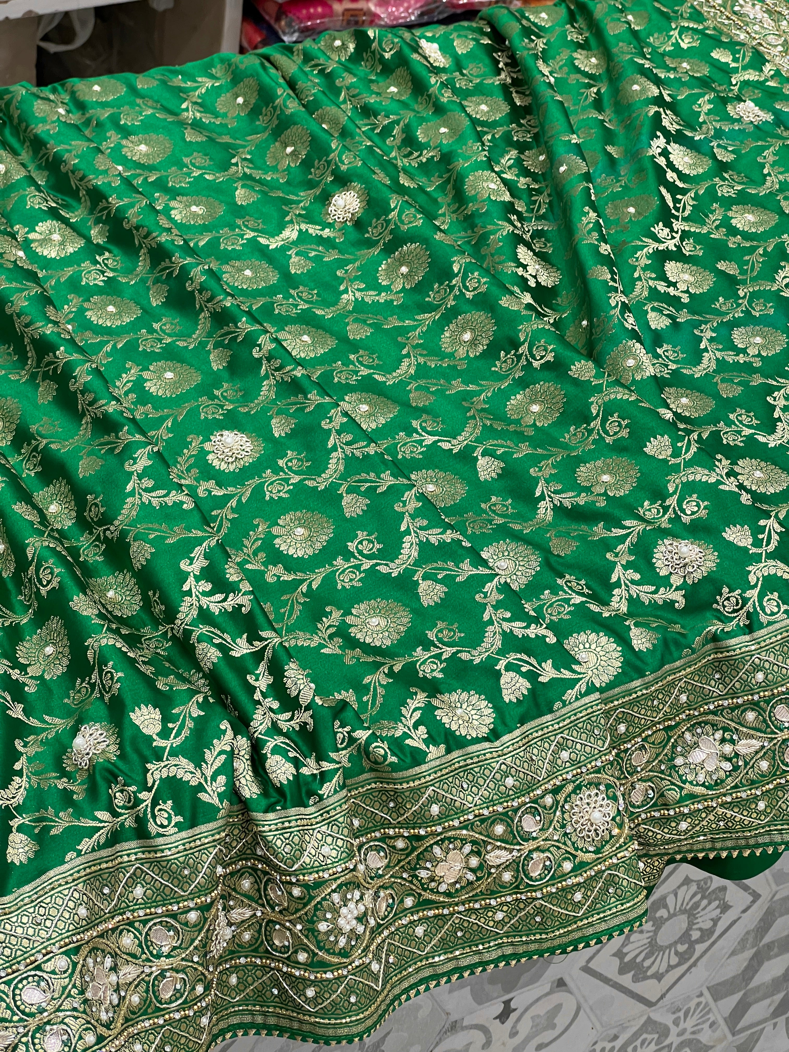 Green Banarasi Silk Hand Embroidered Saree