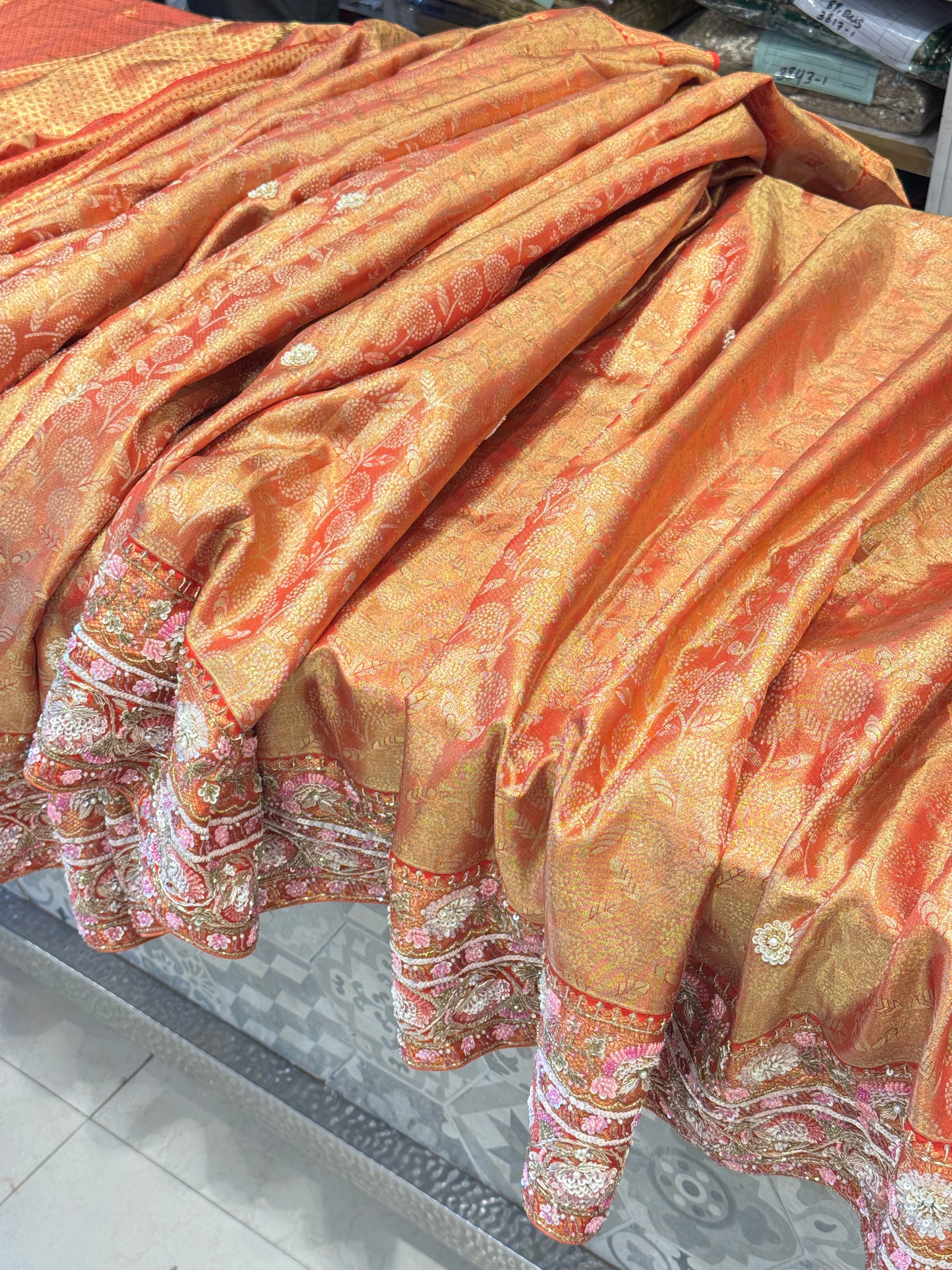 Red Golden Kanjivaram Moti Zardosi Hand Embroidery Saree
