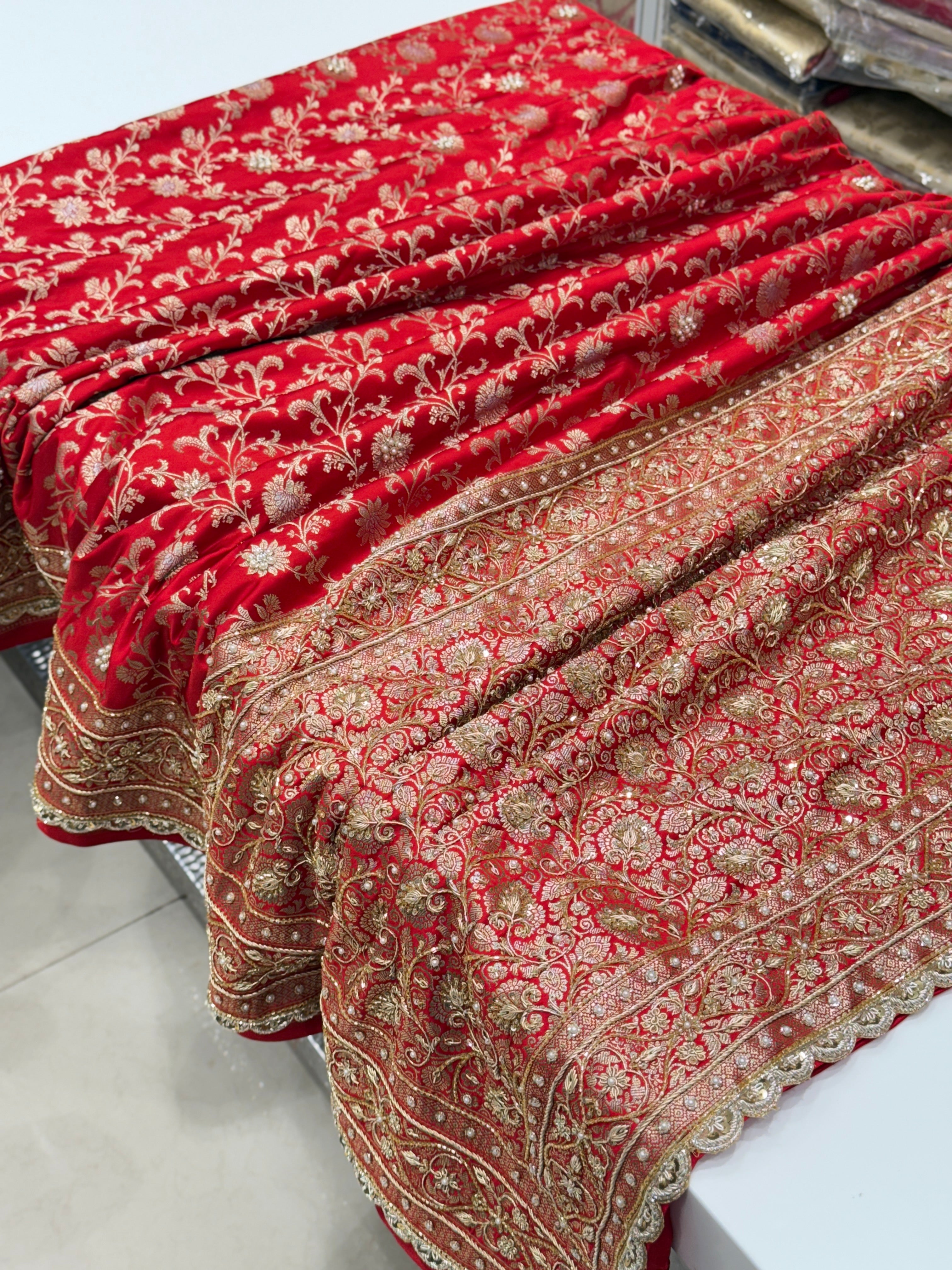 Red Small Jaal Banarasi Zardosi Embroidery Saree