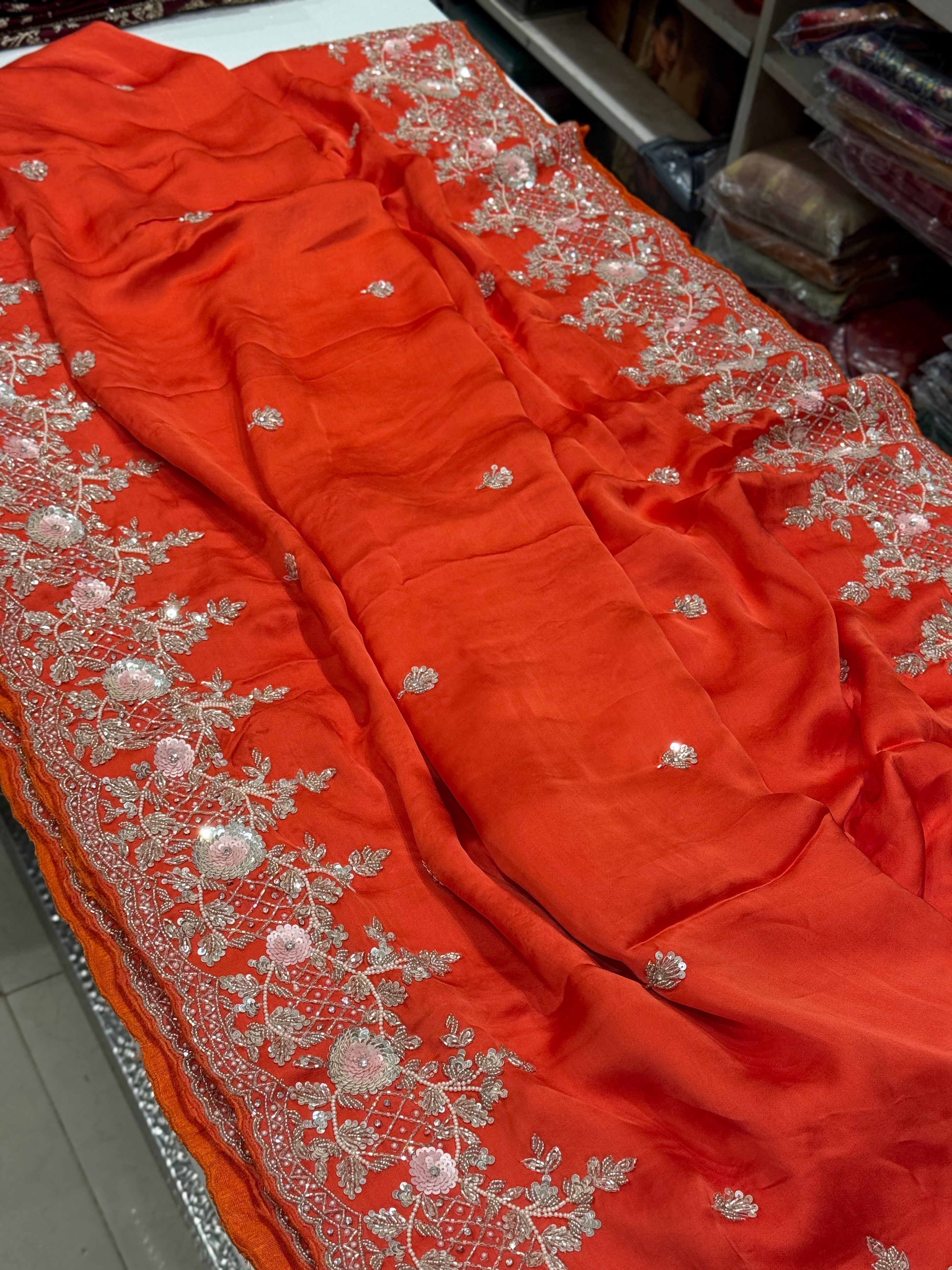 Orange Satin Sequin Moti Border Hand Embroidery Saree