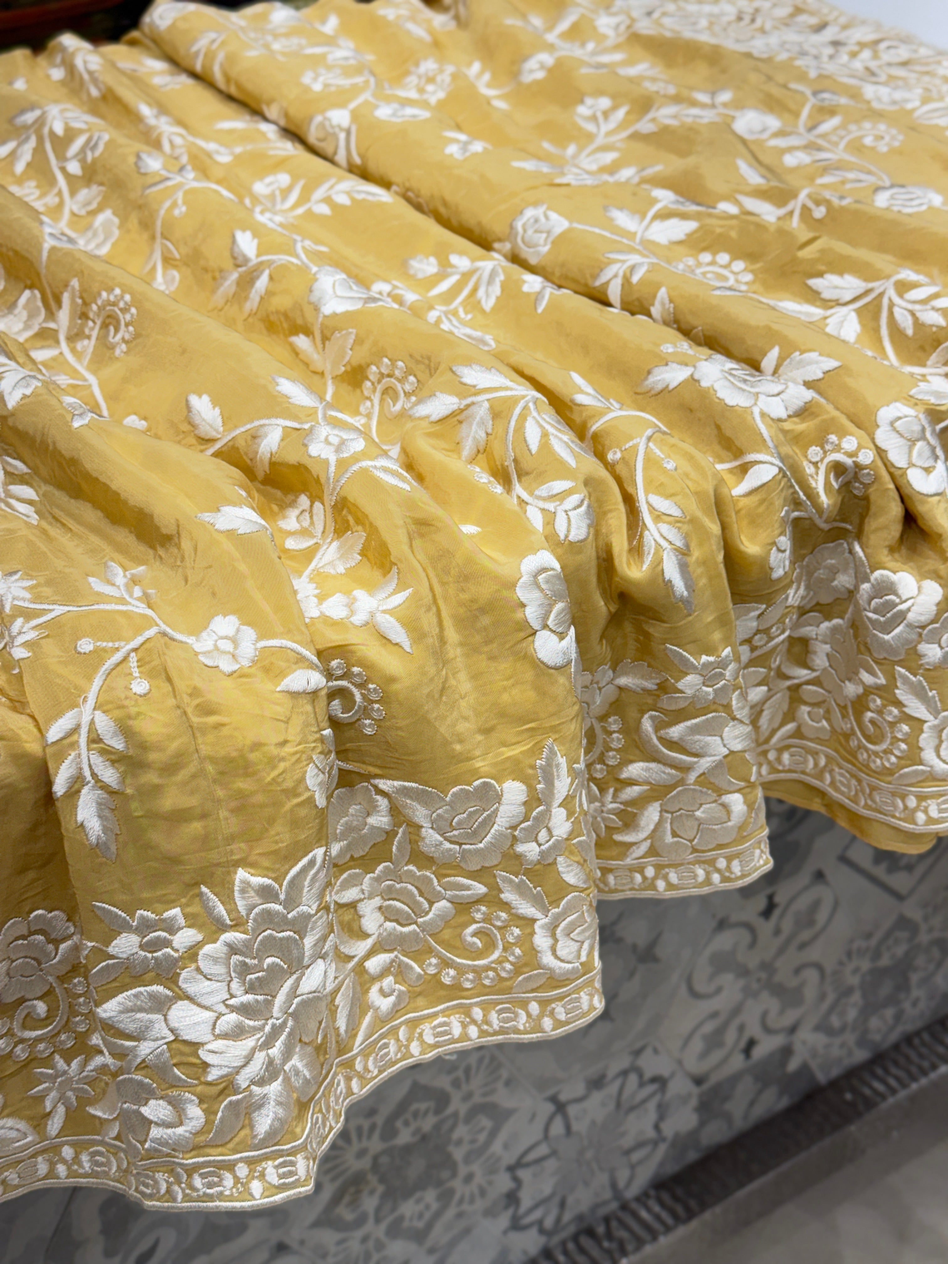 Yellow Crepe Floral Parsi Gara Saree