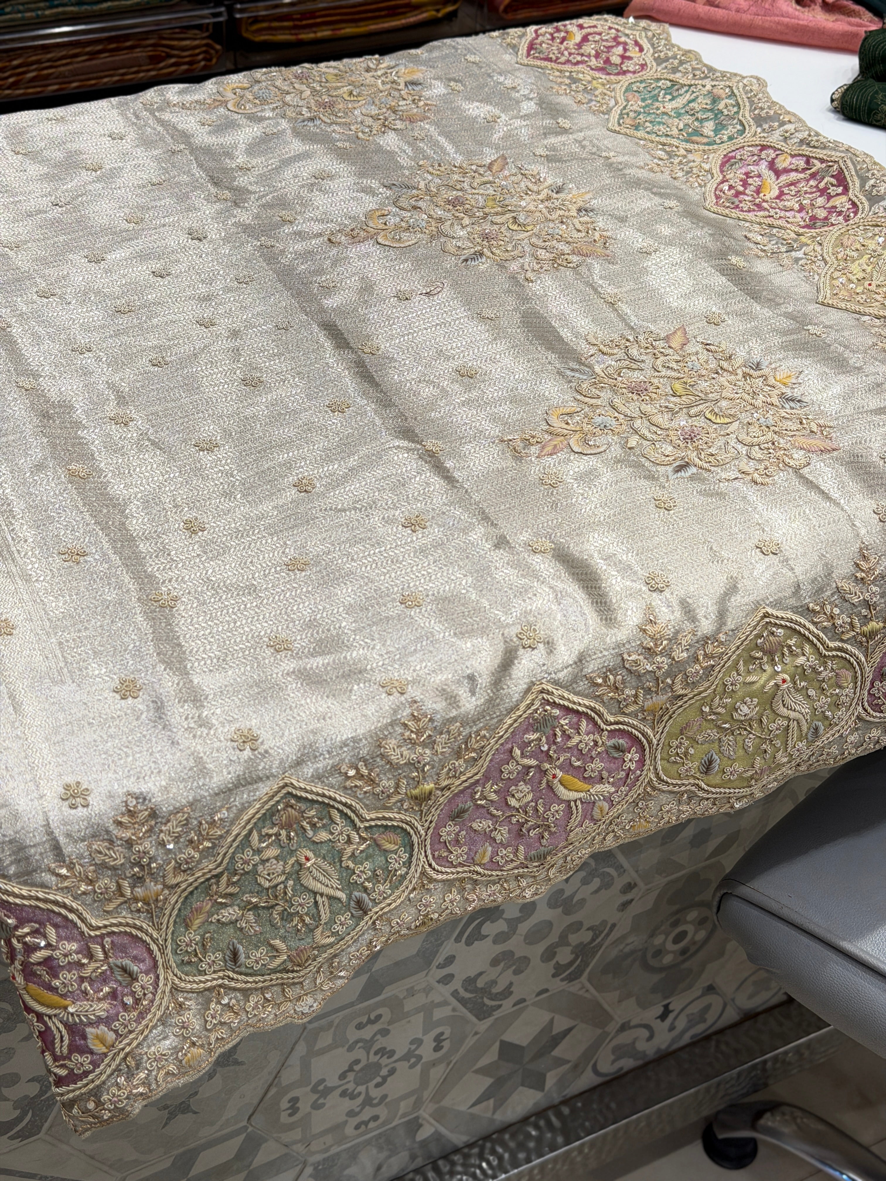 Silver Tissue Kanjivaram Zardosi Patch Work Hand Embroidery Saree