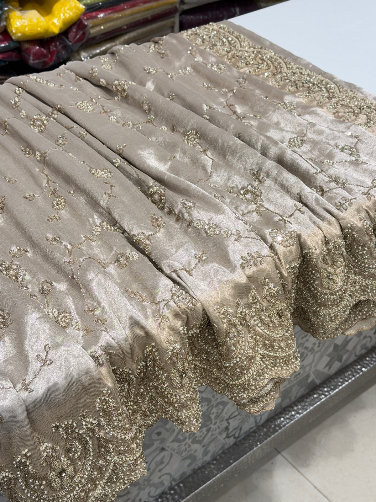 Silver Crepe Tissue Zari Moti Embroidery Jaal Saree
