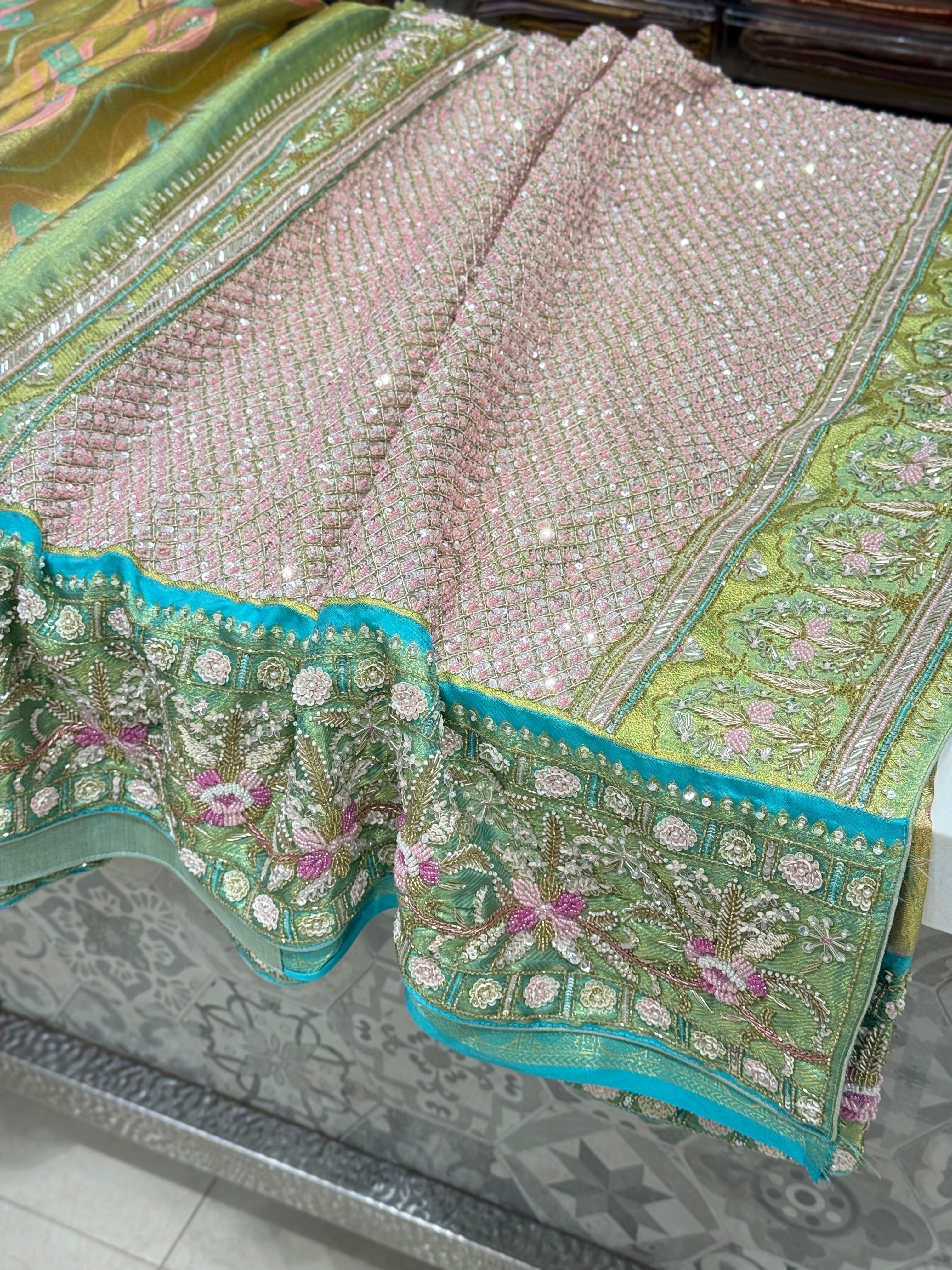 Green Meenakari Tissue Kanjivaram Hand Embroidery Saree