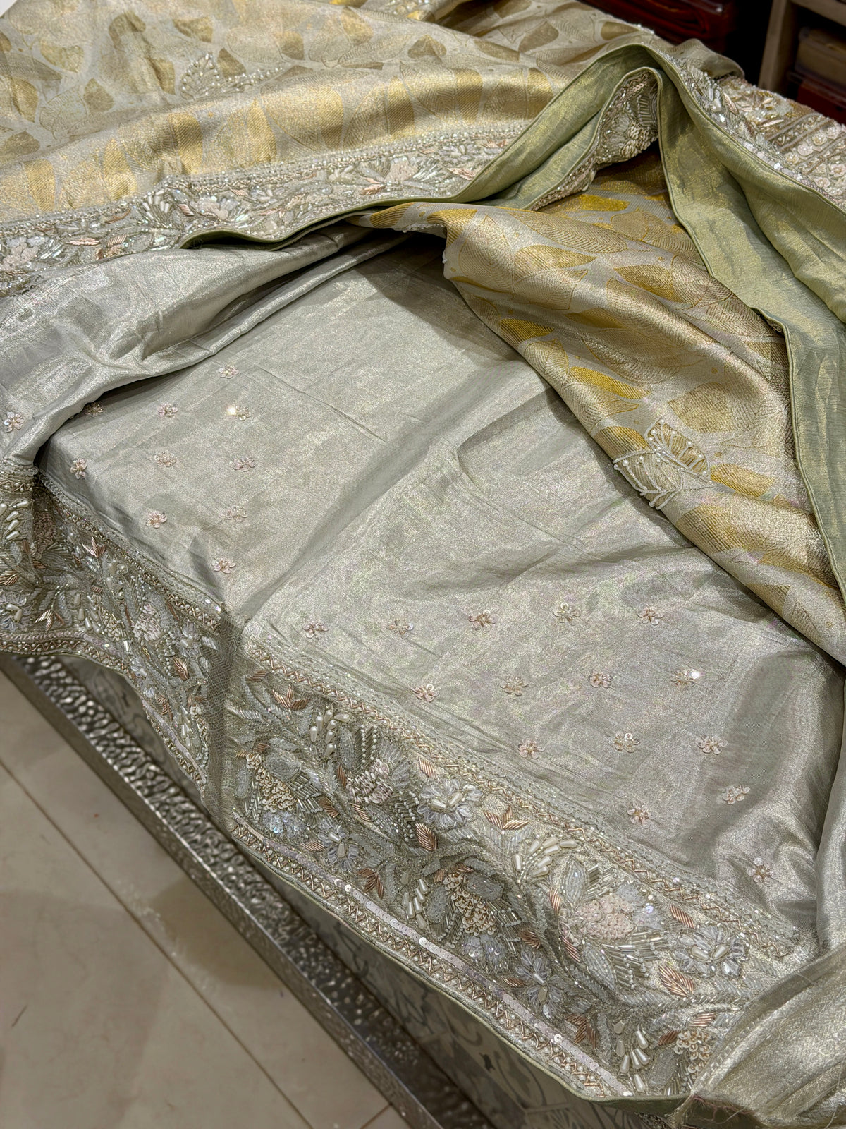 Golden Silver Leaf Jaal Kanjivaram Moti Zardosi Hand Embroidery Saree