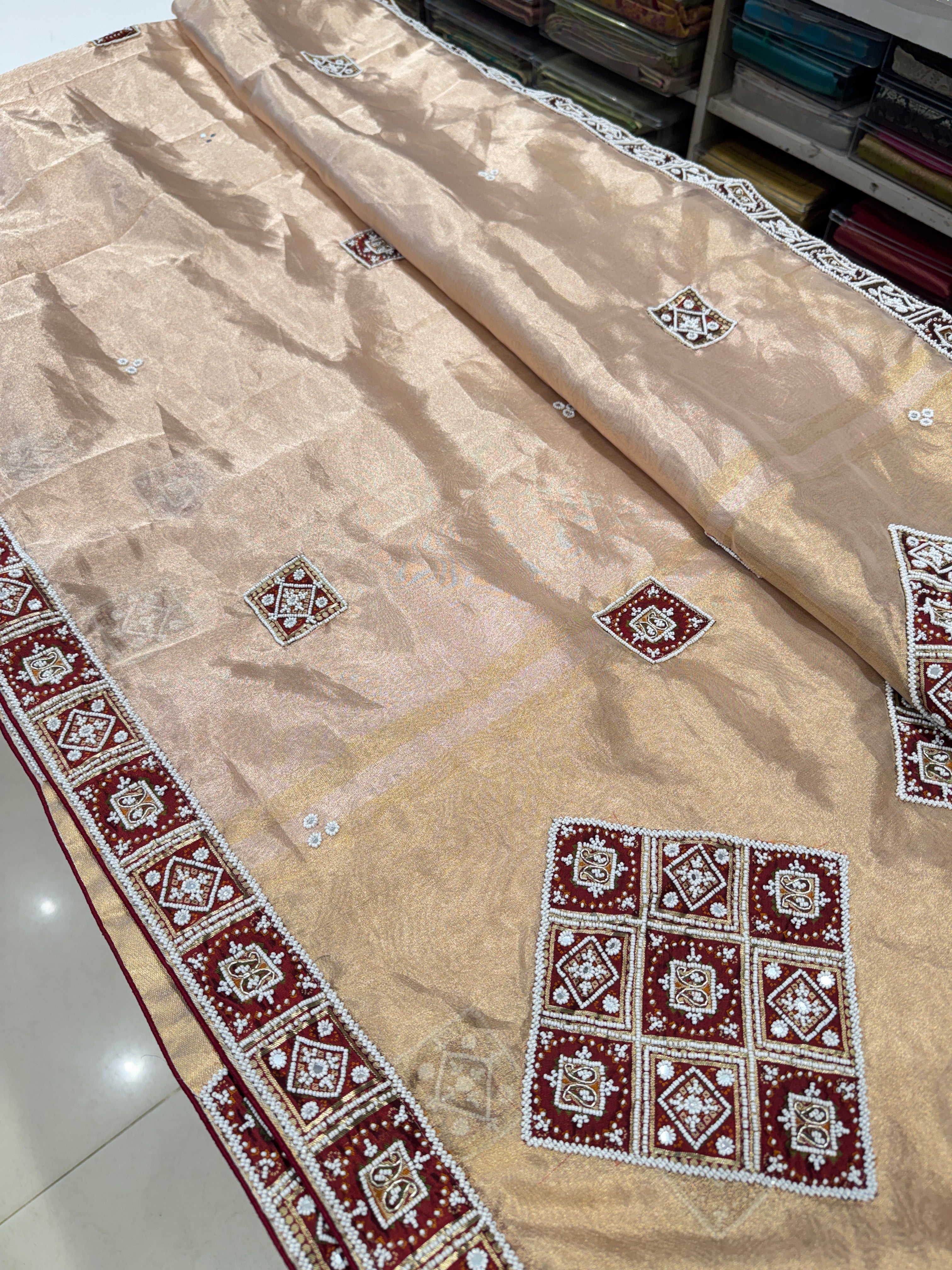 Pink Tissue with Patan Patola Kidiya Moti Hand Embroidery Saree