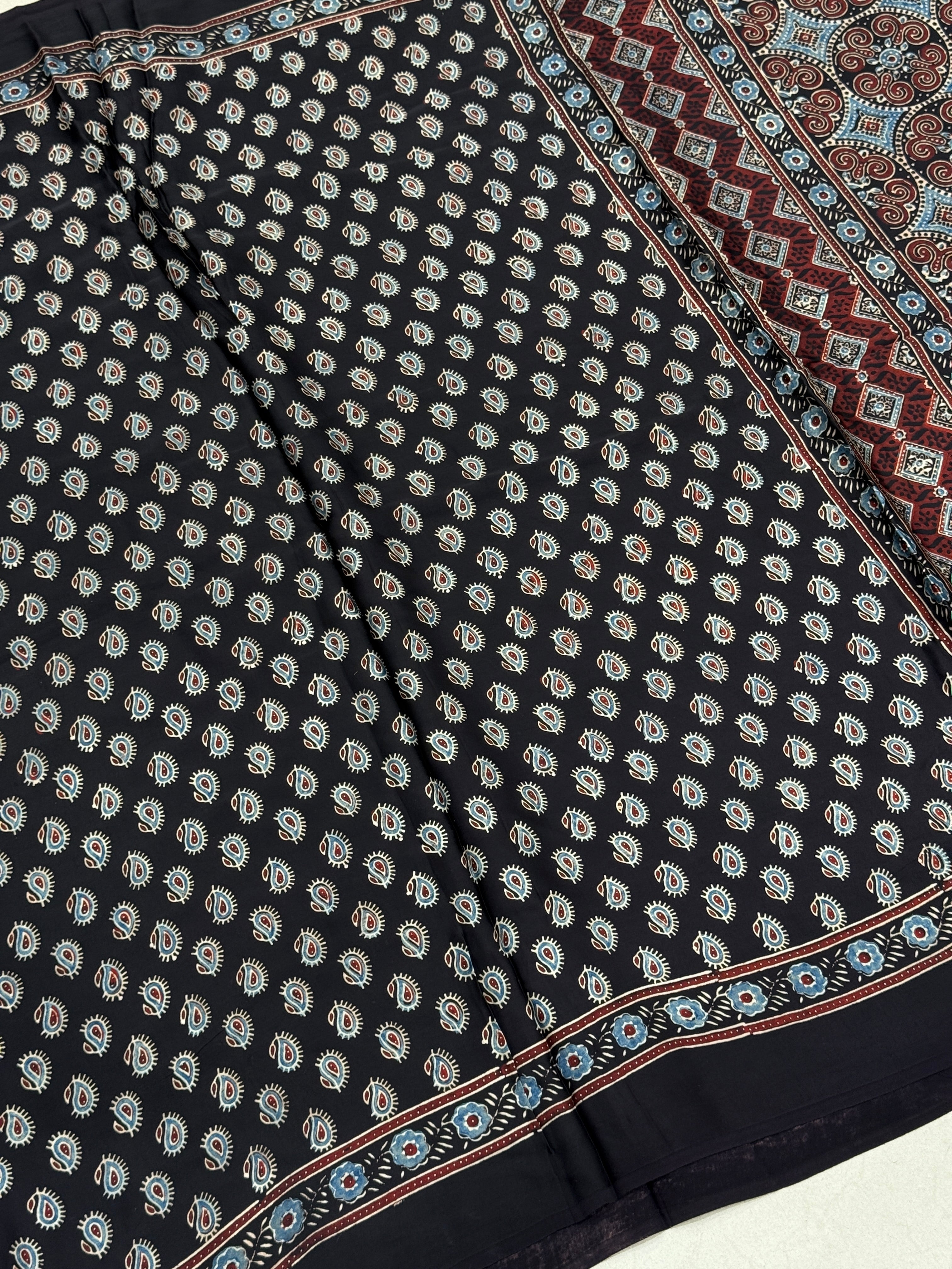 Black Keri Butti Ajrakh Modal Gajji Silk Saree