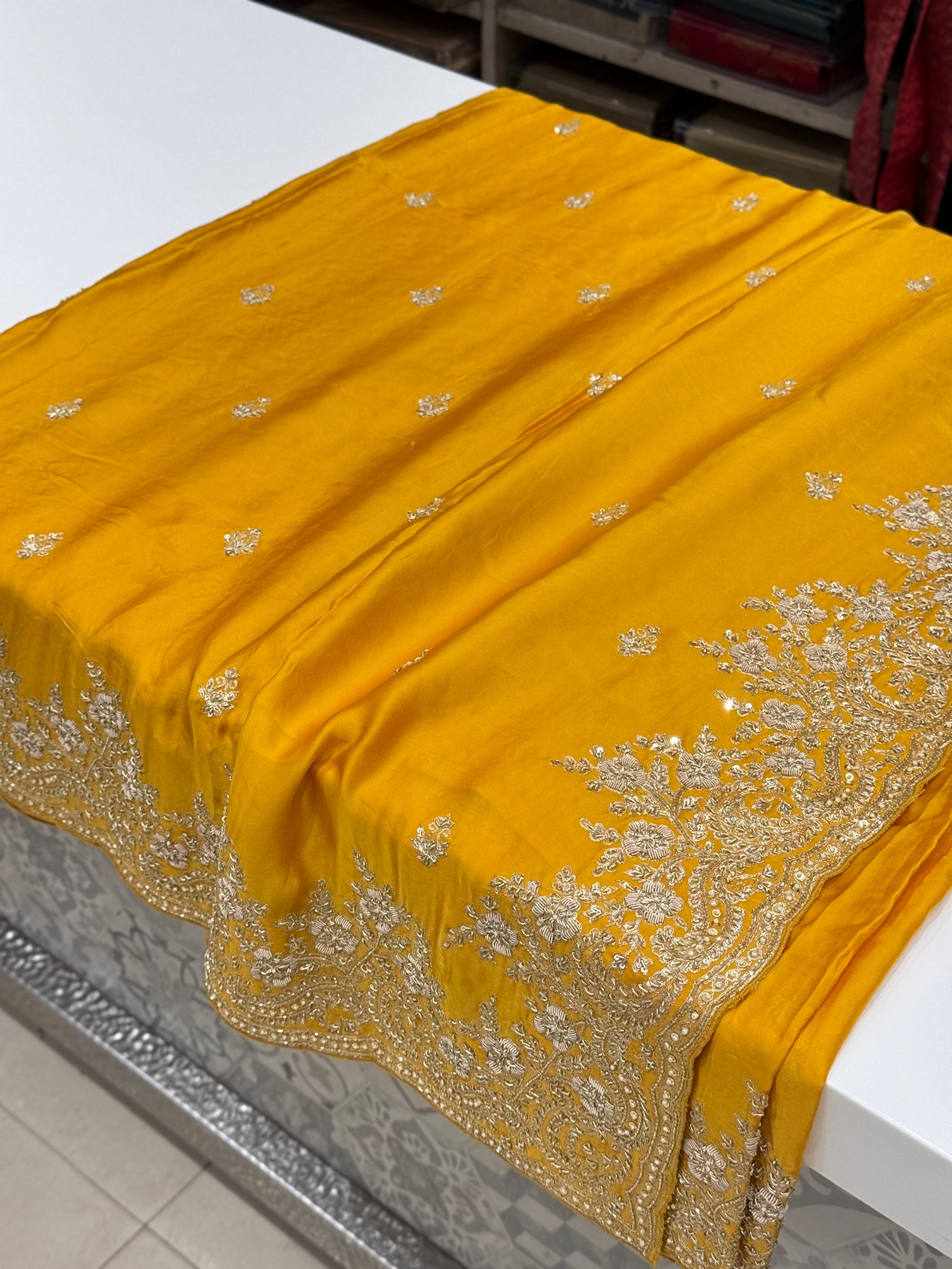 Mustard Yellow Buttis Pure Satin Hand Embroidery Zardosi Saree