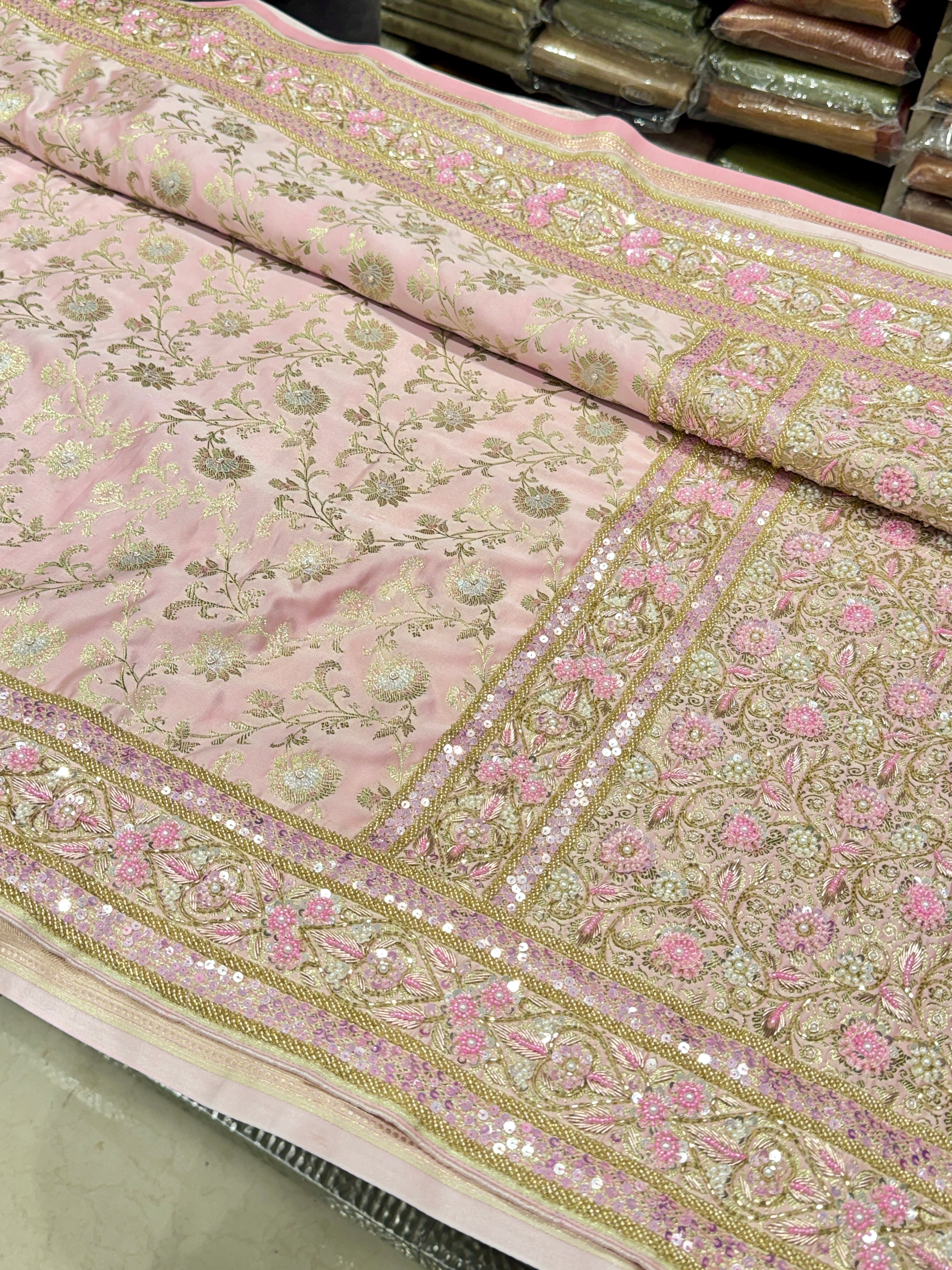 Light Pink Banarasi Small Jaal Zardosi Fancy Moti Hand Embroidery Saree