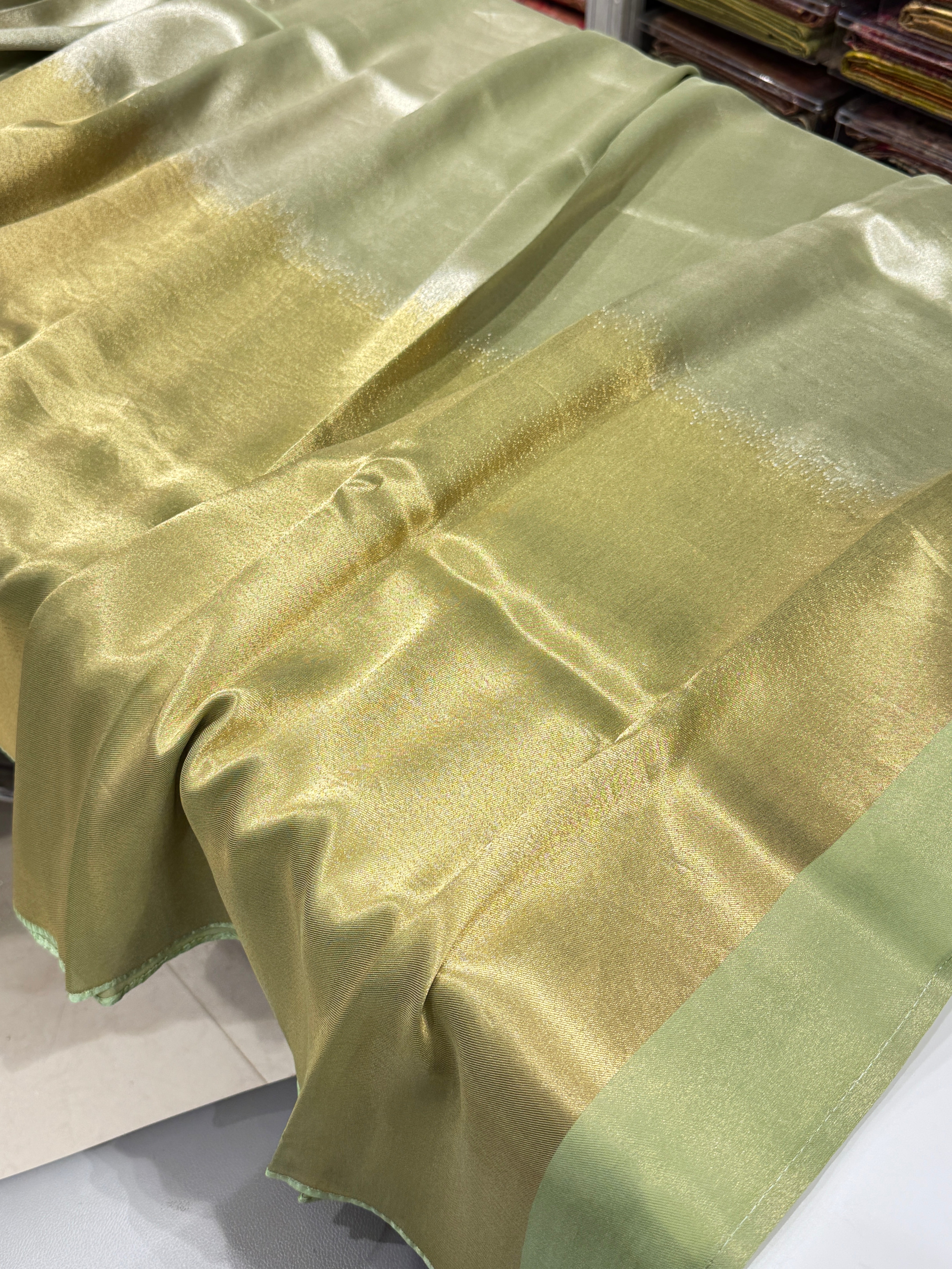 Pista Green Gold Silver Half Half Contemporary Banarasi Tissue Silk Saree