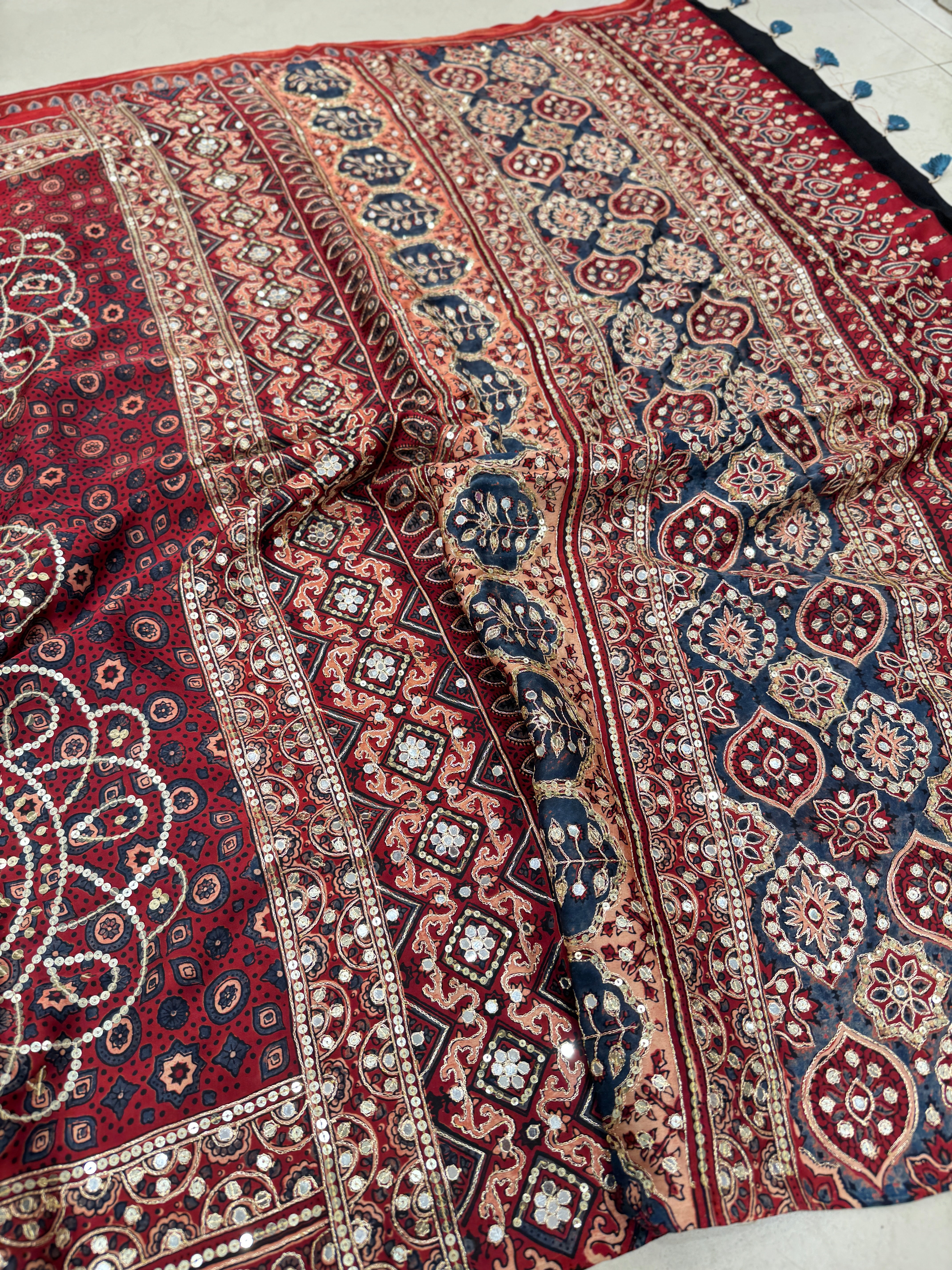 Red Alia Bhatt Inspired Hand Embroidery Ajrakh Saree