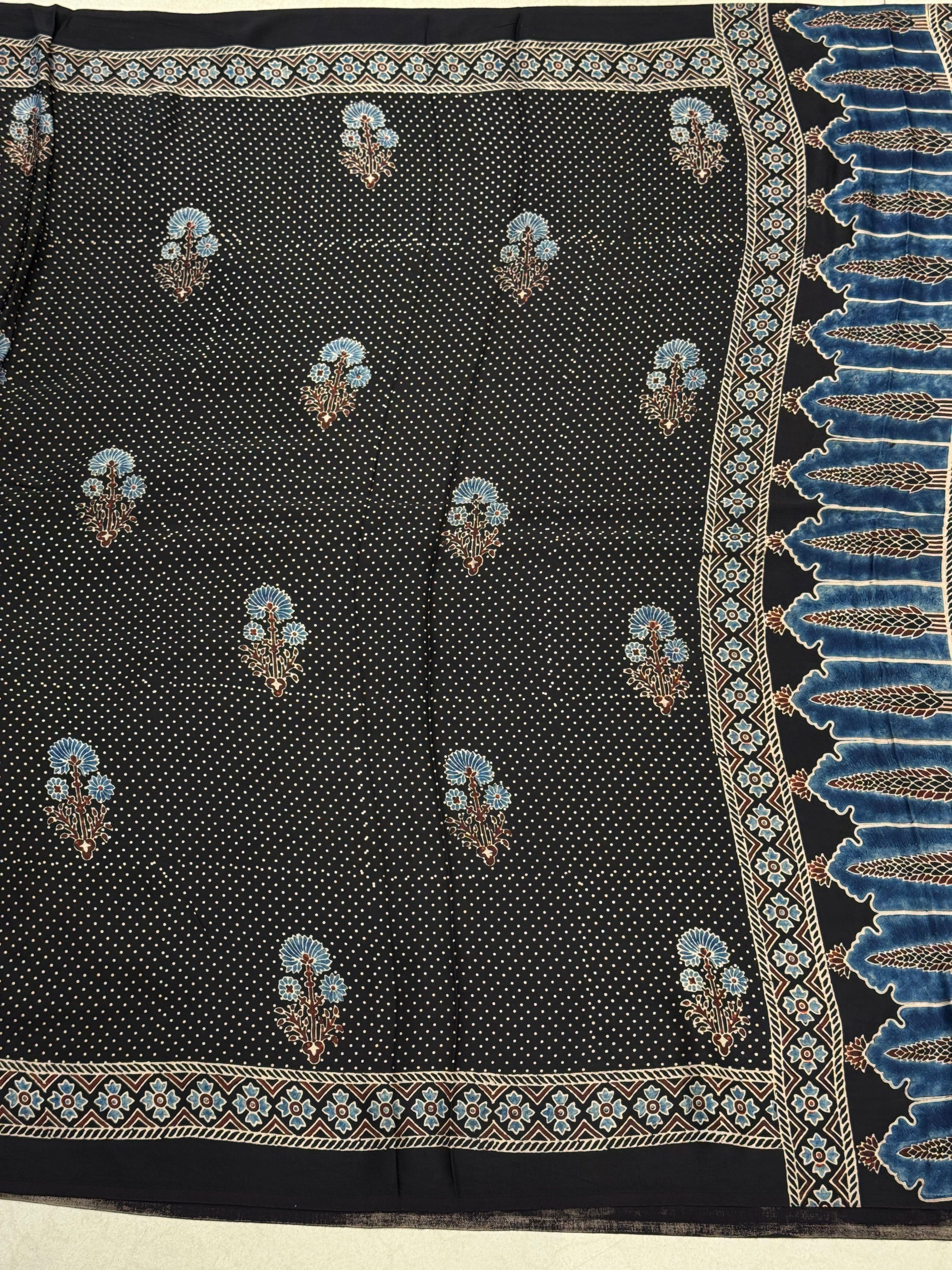 Black Floral Butti Dot Ajrakh Hand Block Print Pure Gajji Silk Saree