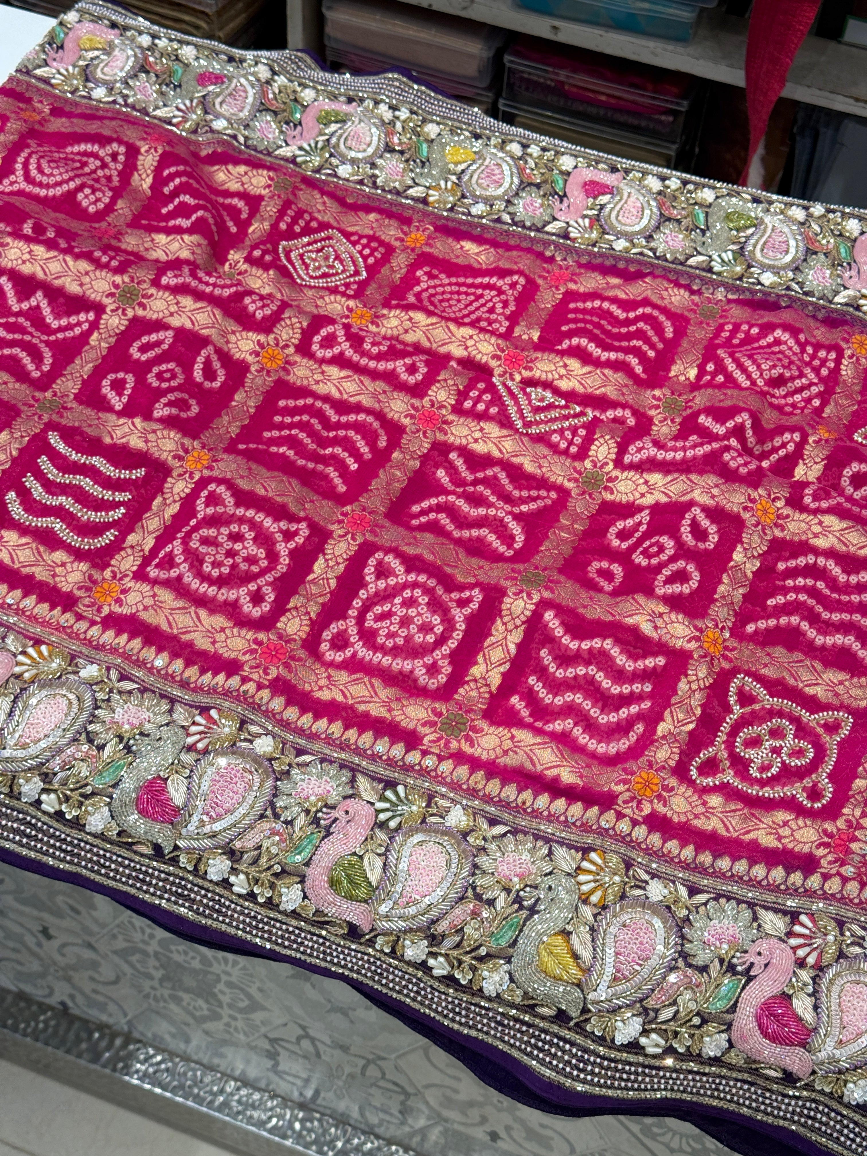 Rani Purple Gharchola Moti Sequin Zardosi Hand Embroidery Georgette Saree