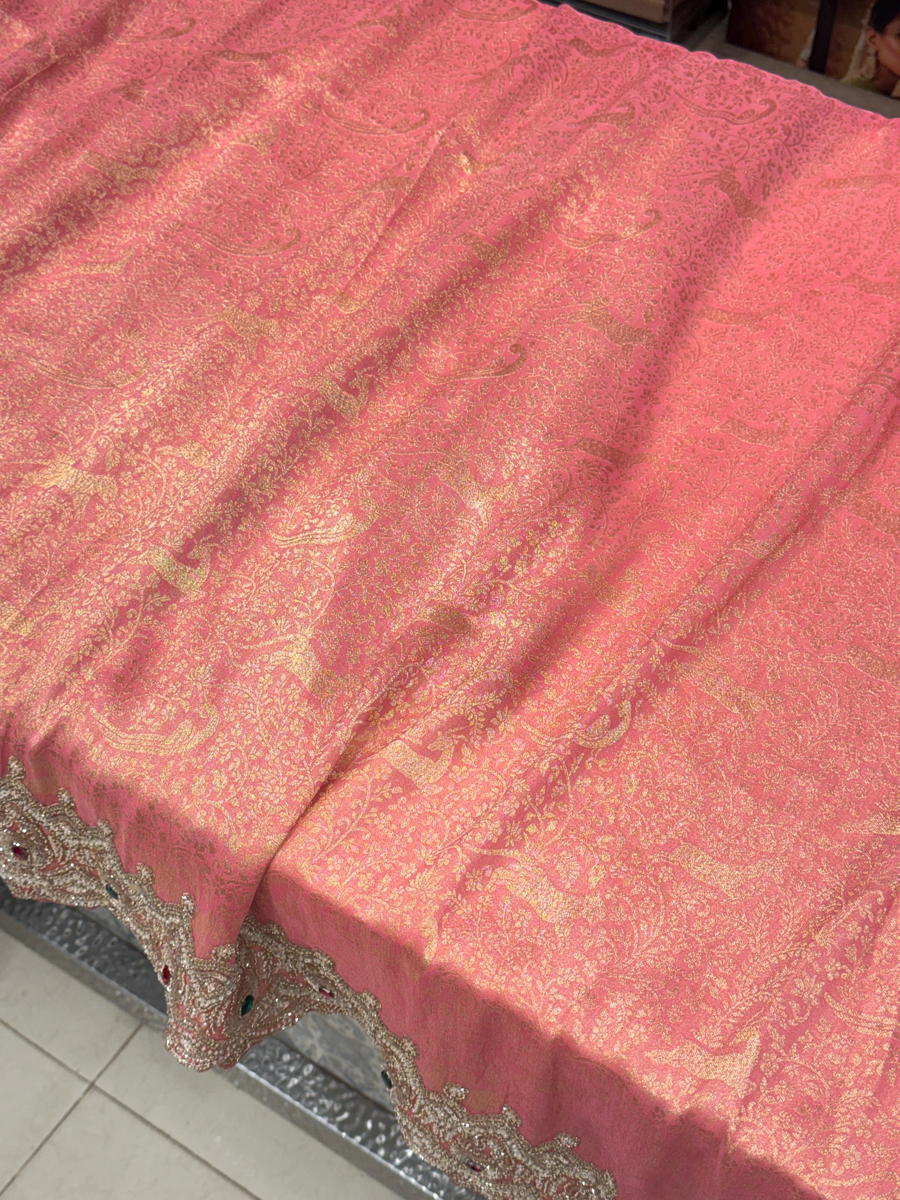 Peach Pink Tissue Crepe Shikara Style Weave Crystal Embroidery Saree