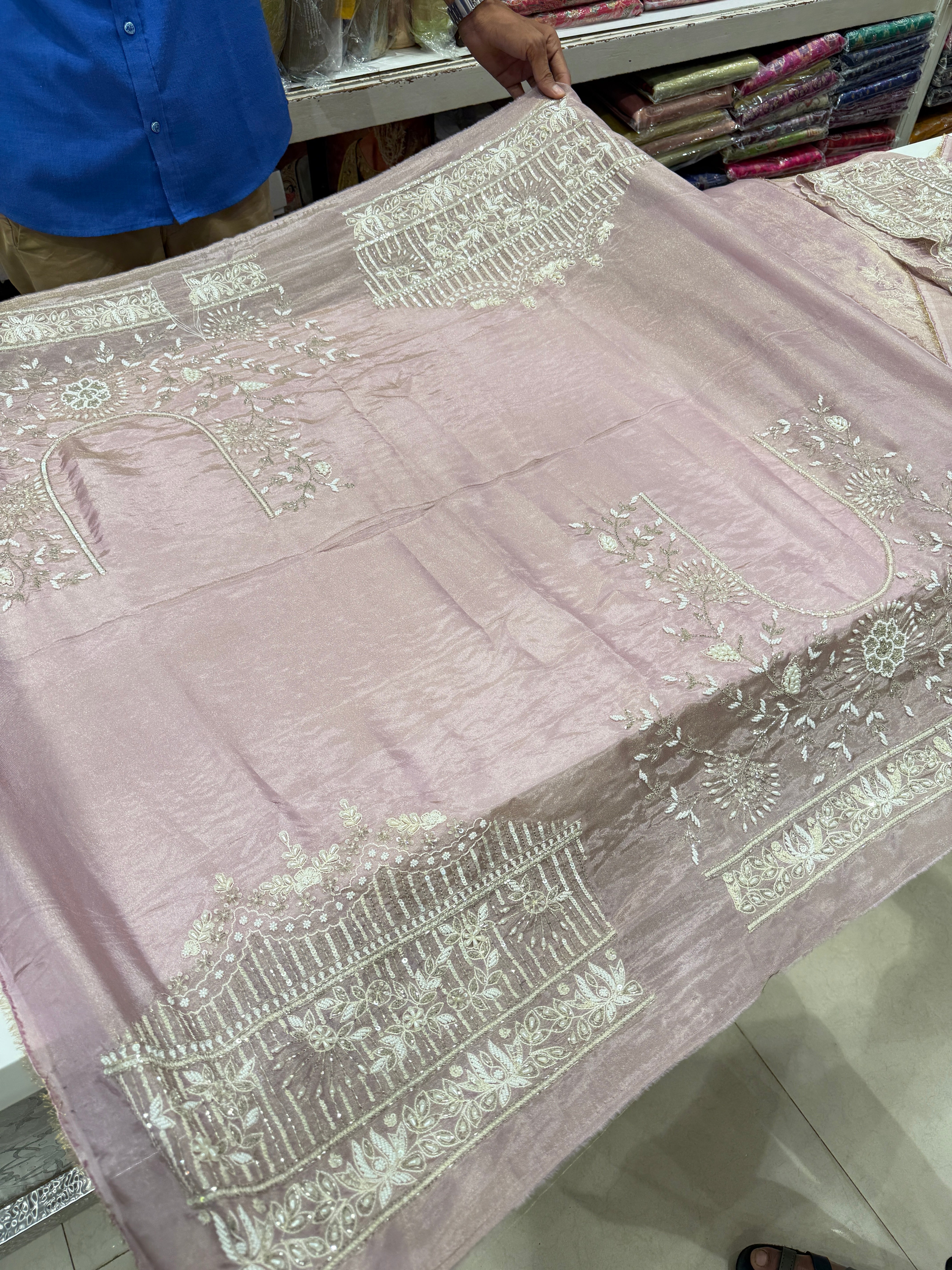 Lilac Crepe Tissue Resham Moti Sequin Hand Embroidery Saree