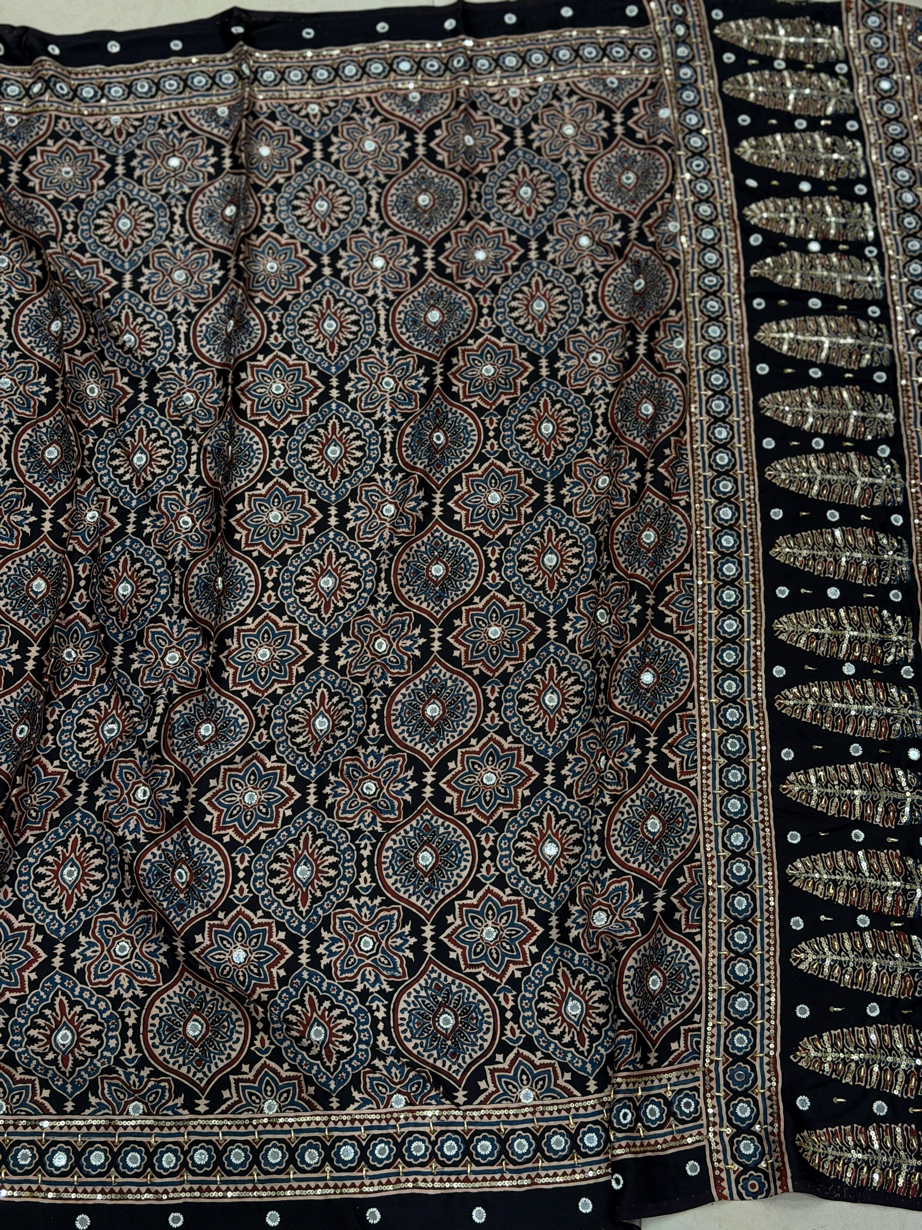 Black Badam Buttas Ajrakh Real Mirror Moti Sequin Hand Embroidery Saree