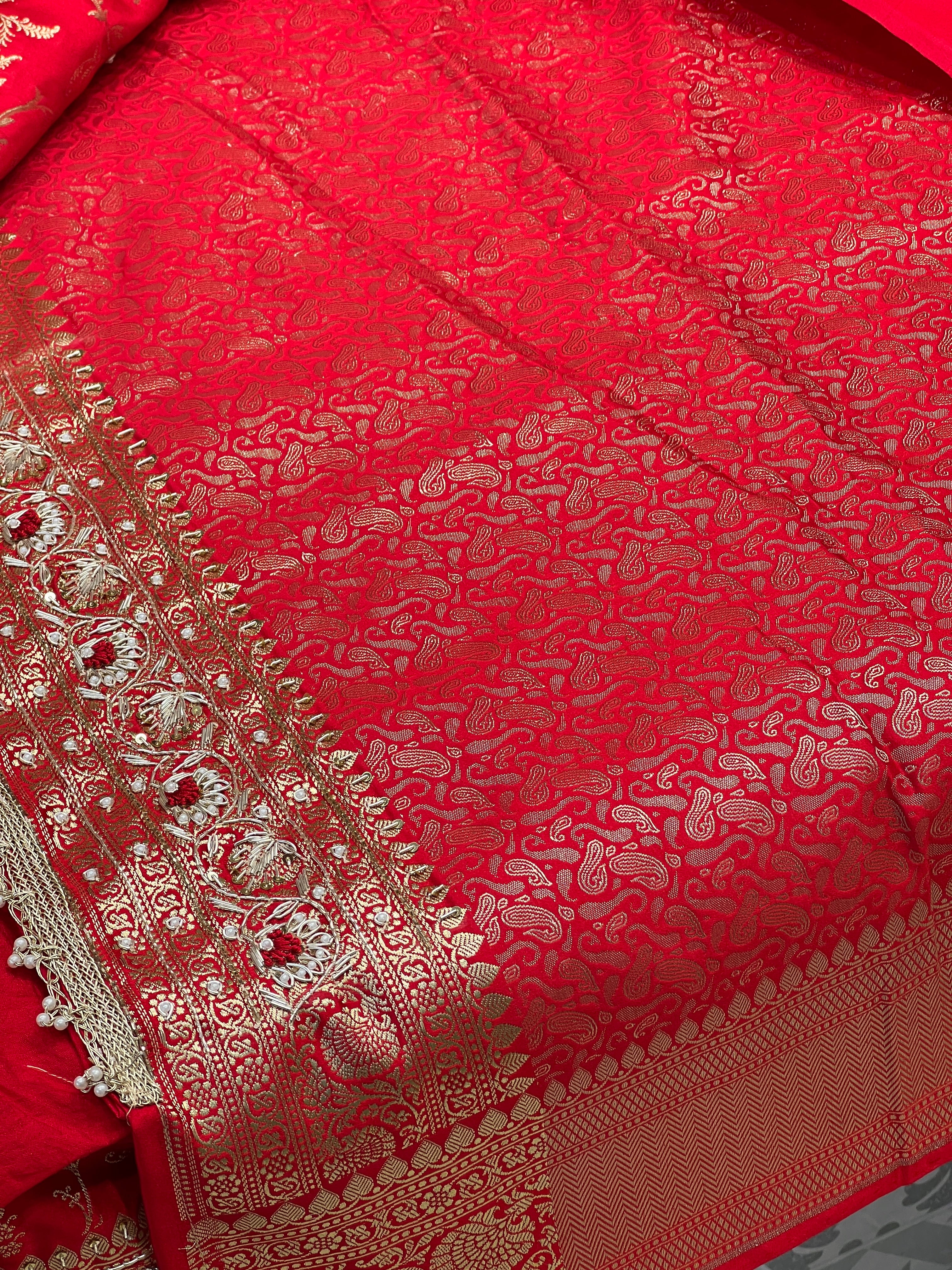 Red Banarasi Rose Jaal Resham Hand Embroidery Saree