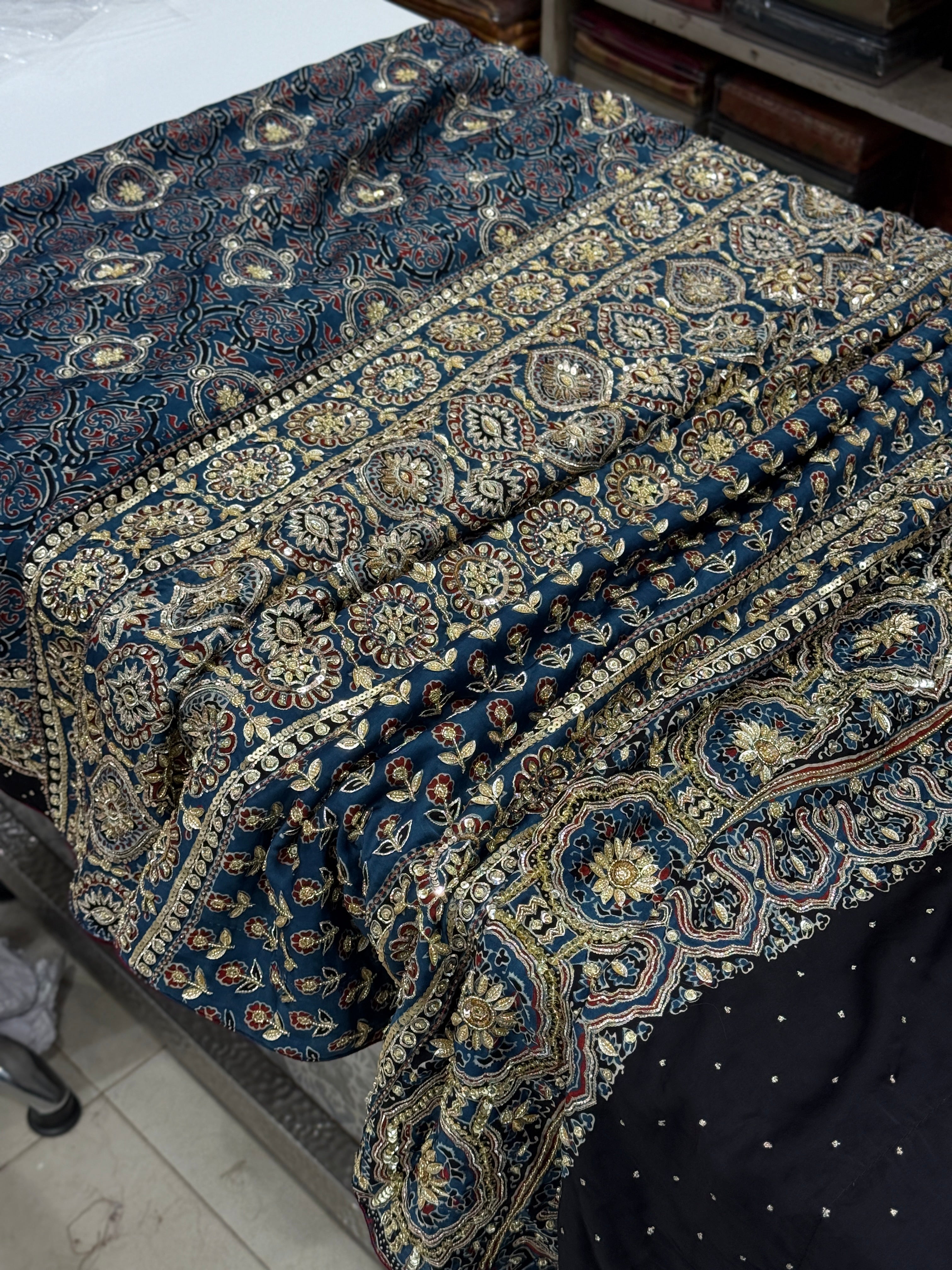 Blue Badam Jaal Pita Zardosi Sequin Ajrakh Hand Embroidery Saree